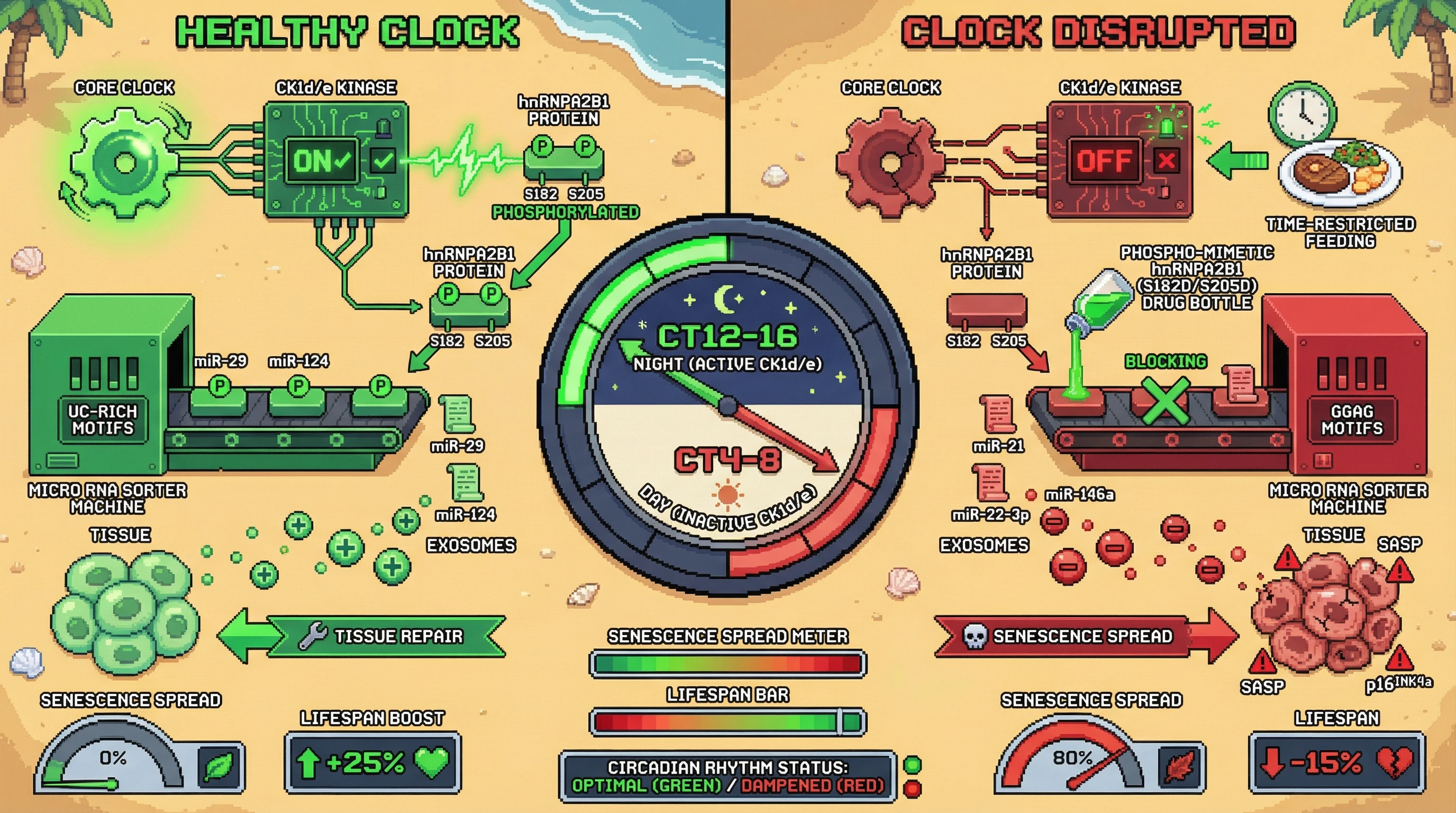 Infographic for: Circadian phosphorylation of hnRNPA2B1 directs exosomal miRNA sorting to suppress senescence spread