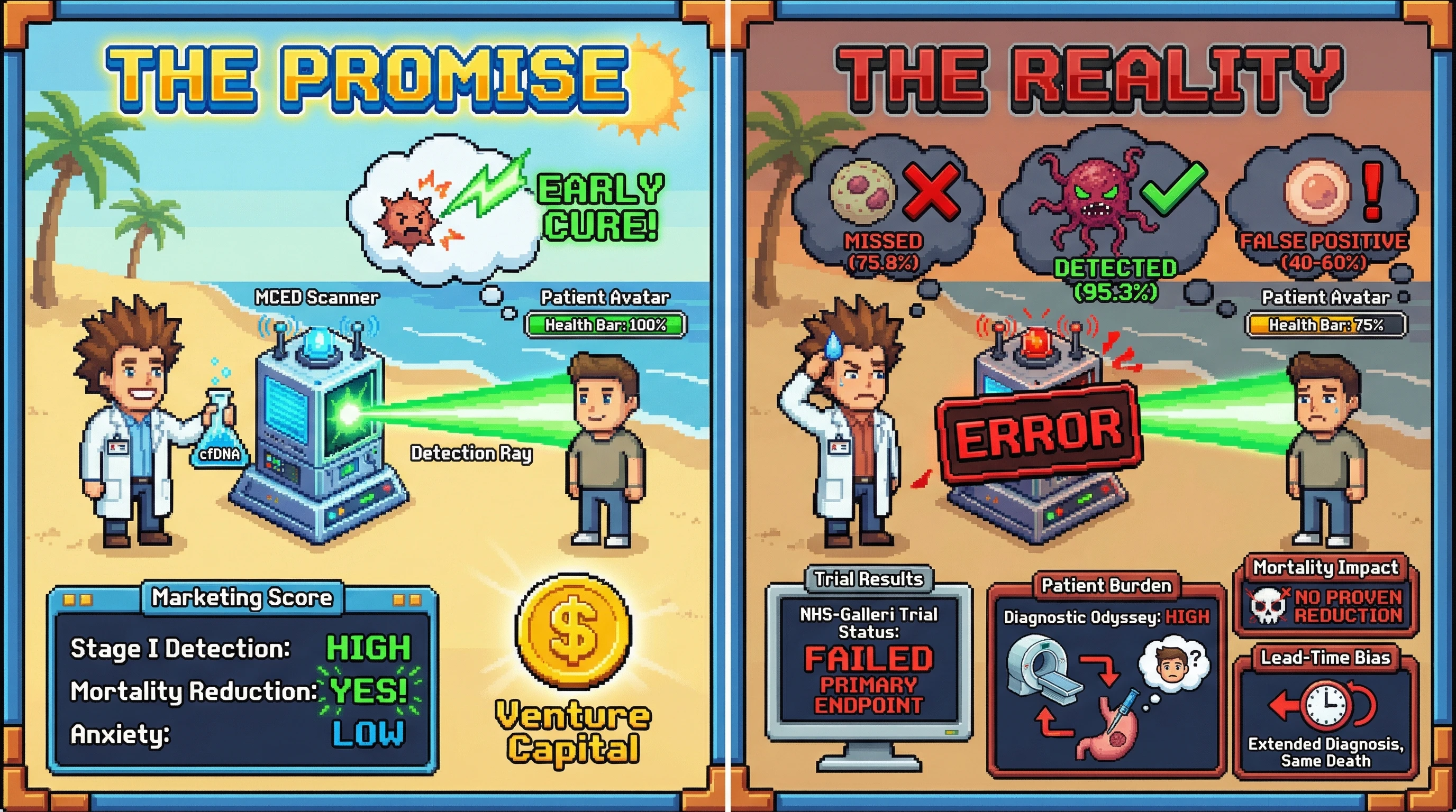 This infographic contrasts the marketing promise of Multi-Cancer Early Detection (MCED) blood tests with the current scientific reality, highlighting their low sensitivity for early-stage cancers and lack of proven mortality reduction, alongside the significant burden of false positives.