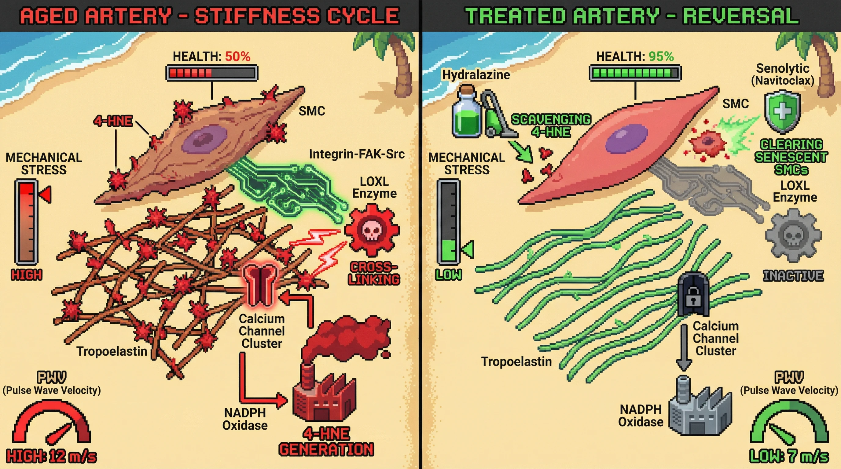 Mechanism: 4-HNE forms adducts with tropoelastin, creating a stiff matrix that activates LOXL and a mechanotransduction loop, which can be reversed by aldehyde scavenging or senolytic clearance. Readout: Readout: Pulse Wave Velocity (PWV) is high in aged arteries but declines after treatment, indicating functional reversibility.
