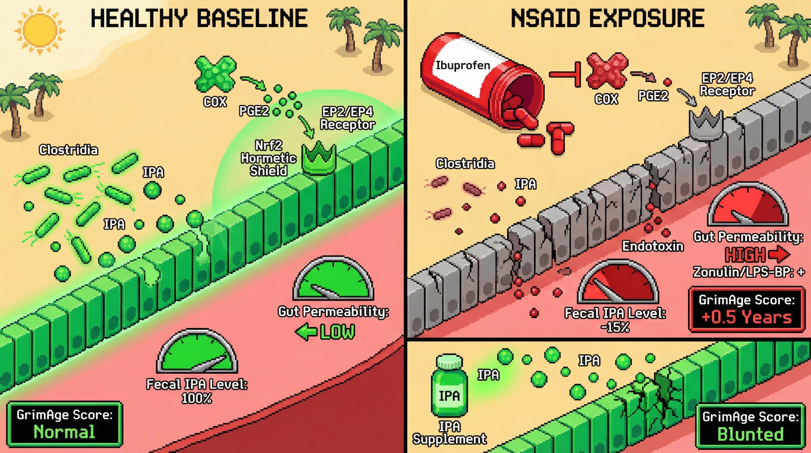 Infographic for: NSAIDs, Gut‑Derived IPA, and Accelerated Epigenetic Aging: A Testable Hormetic Signaling Hypothesis
