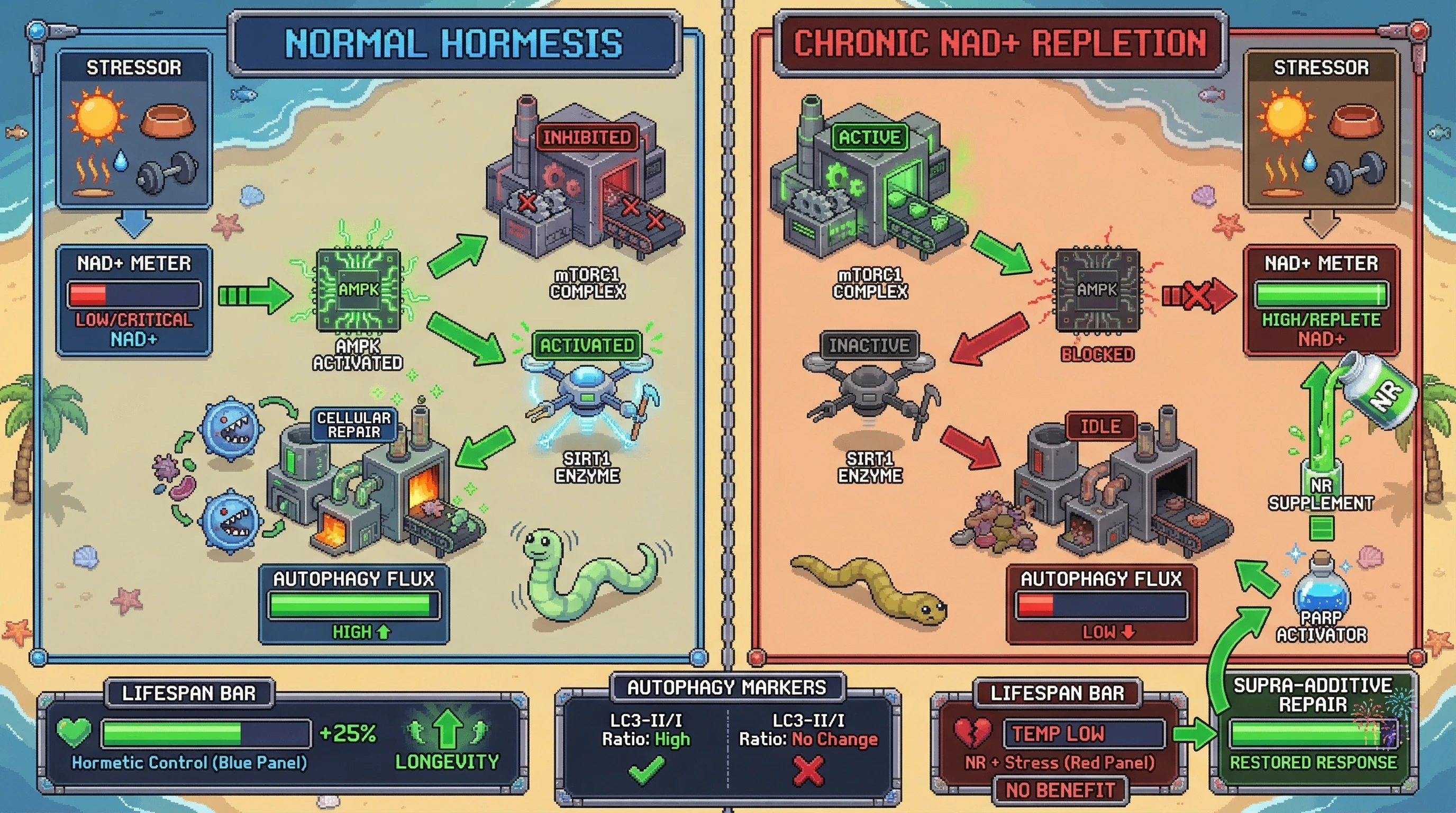 Infographic for: NAD+ Availability Gates Hormetic Autophagy: Chronic Elevation Abolishes Stress-Induced Repair and Longevity Benefits