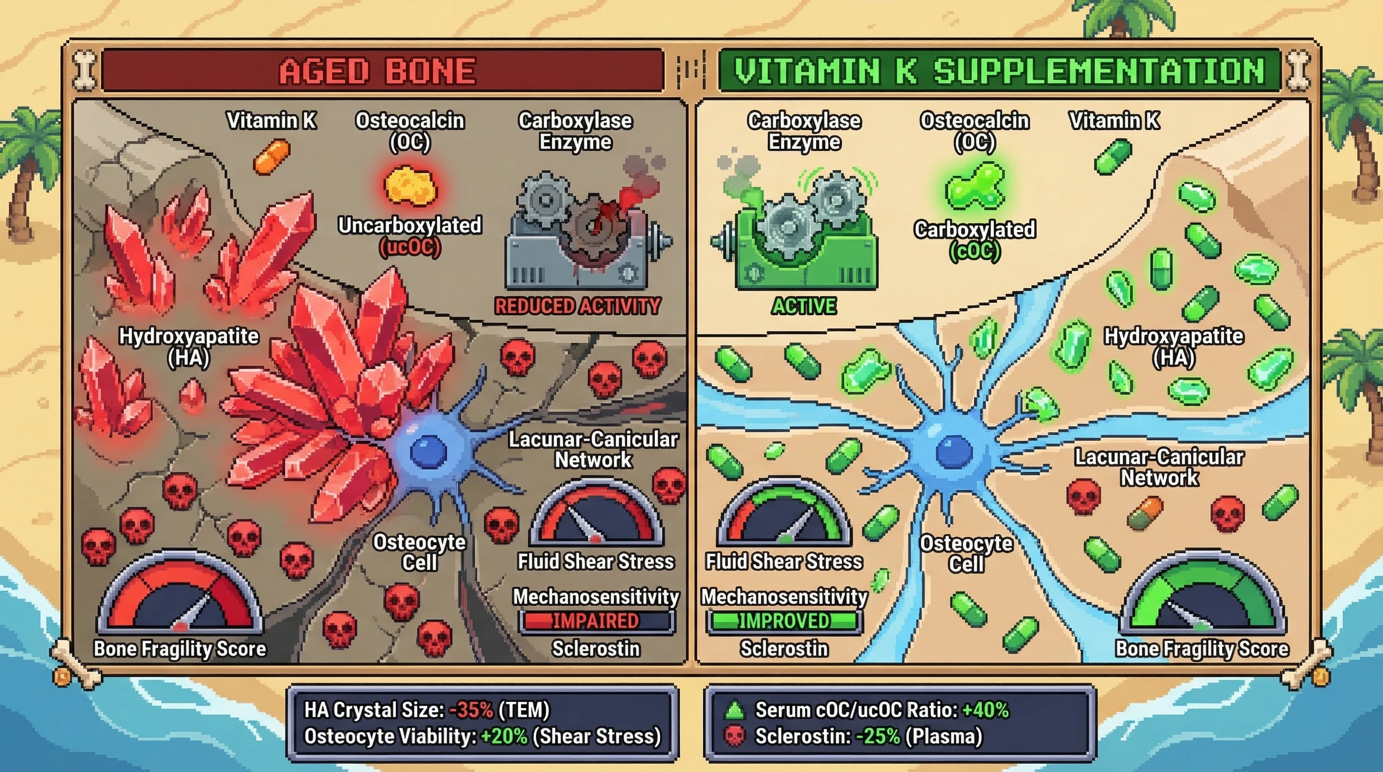 Infographic for: Vitamin K–dependent osteocalcin carboxylation limits age‑related hydroxyapatite crystal growth and preserves osteocyte mechanosensitivity