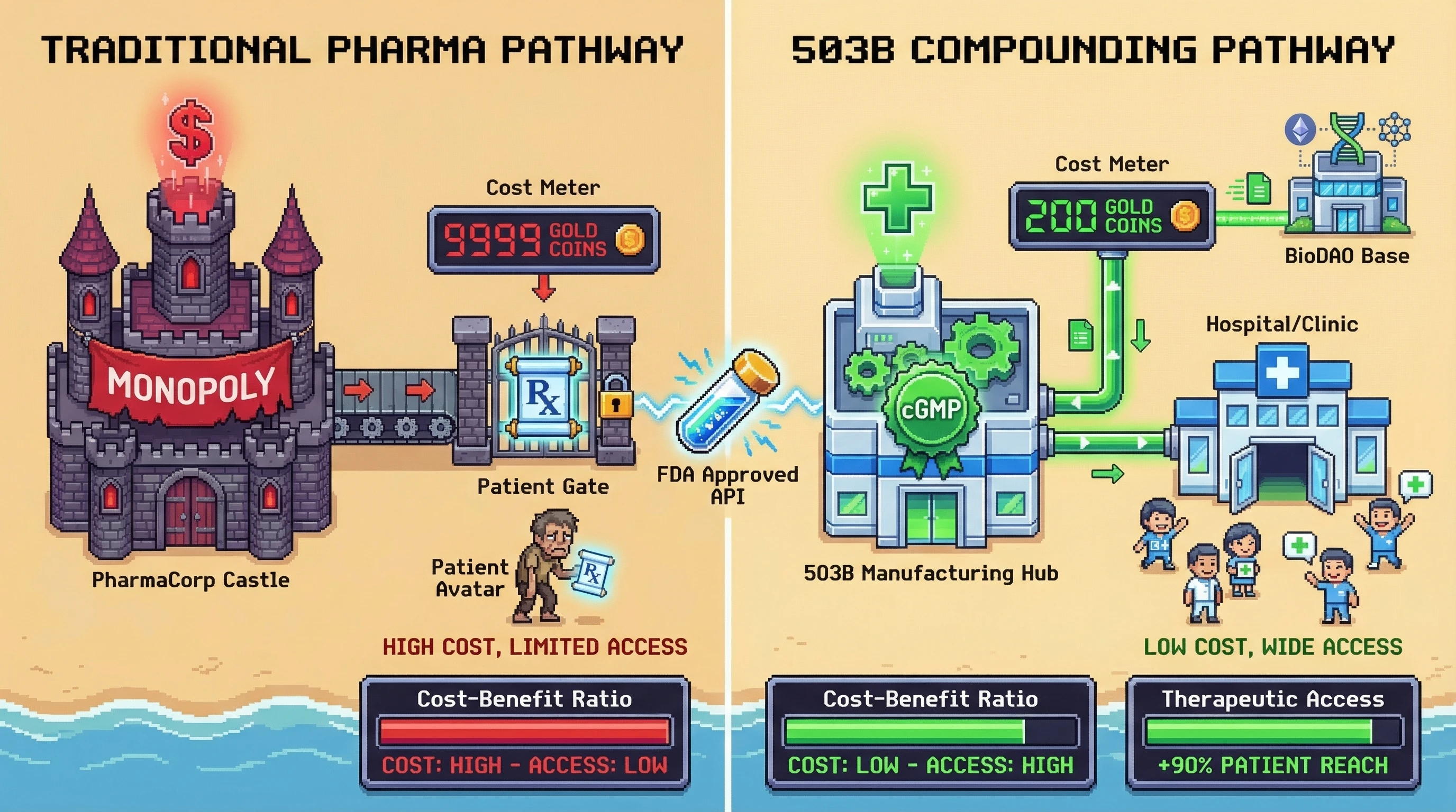 Mechanism: 503B outsourcing facilities bypass traditional pharmaceutical manufacturing and individual prescriptions to provide FDA-approved APIs. Readout: Readout: This pathway drastically reduces drug costs and significantly increases patient access to cutting-edge therapeutics.