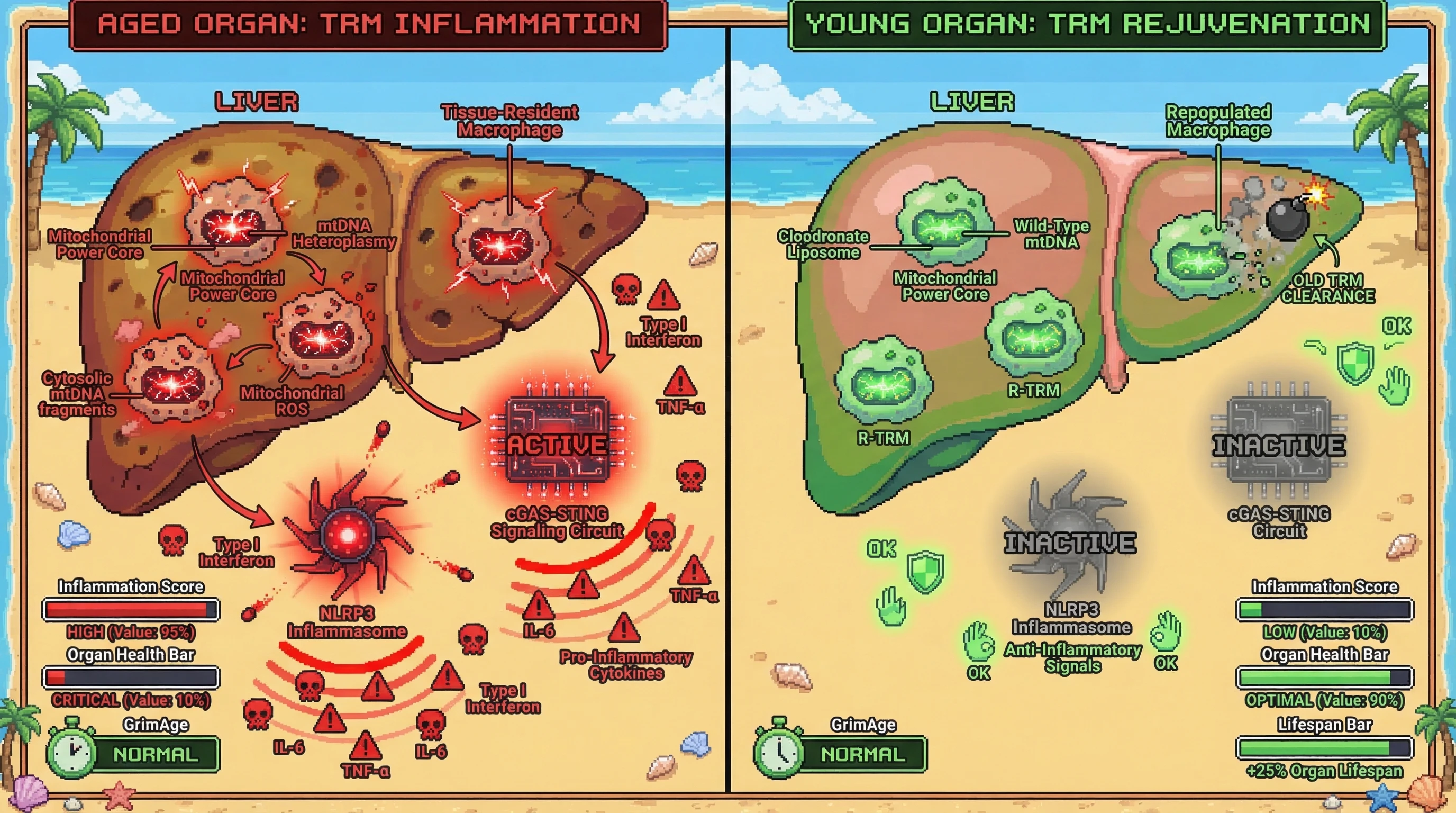 Mechanism: Accumulation of mitochondrial DNA heteroplasmy in tissue-resident macrophages (TRMs) activates NLRP3 inflammasome and cGAS-STING pathways, driving organ-specific inflammation. Readout: Readout: Targeted TRM depletion and repopulation reduces inflammation score from 95% to 10% and increases organ lifespan by 25%, while systemic epigenetic clocks remain unchanged.