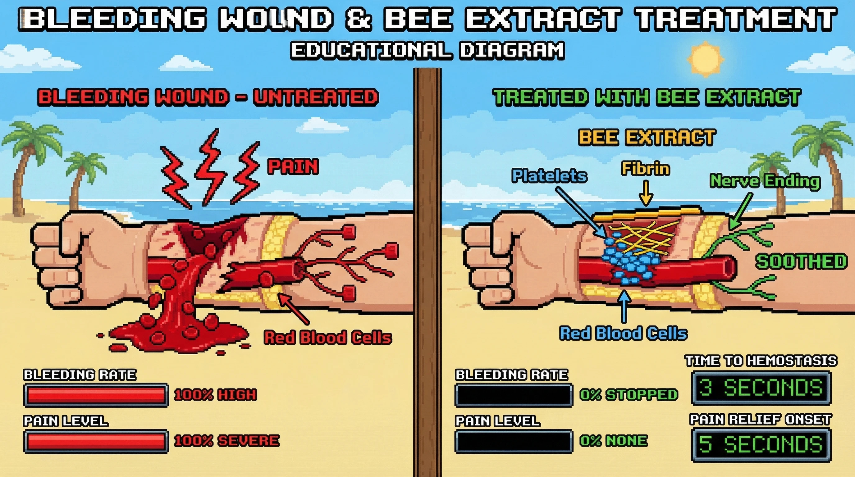 Mechanism: Bee extract rapidly promotes platelet aggregation and fibrin clot formation, sealing wounds, and simultaneously blocks pain signals at nerve endings. Readout: Readout: Bleeding stops within 3 seconds, and pain is relieved within 5 seconds.