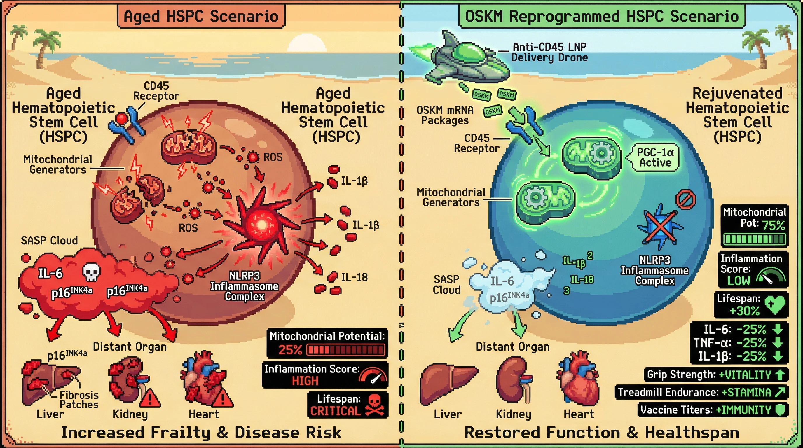 Mechanism: Targeted OSKM mRNA delivery to aged HSPCs resets mitochondrial function and suppresses the pro-inflammatory SASP, breaking the cycle of immunosenescence. Readout: Readout: Mitochondrial potential increases by 50%, circulating IL-6, TNF-α, and IL-1β decrease by 25%, and multi-organ health markers improve.