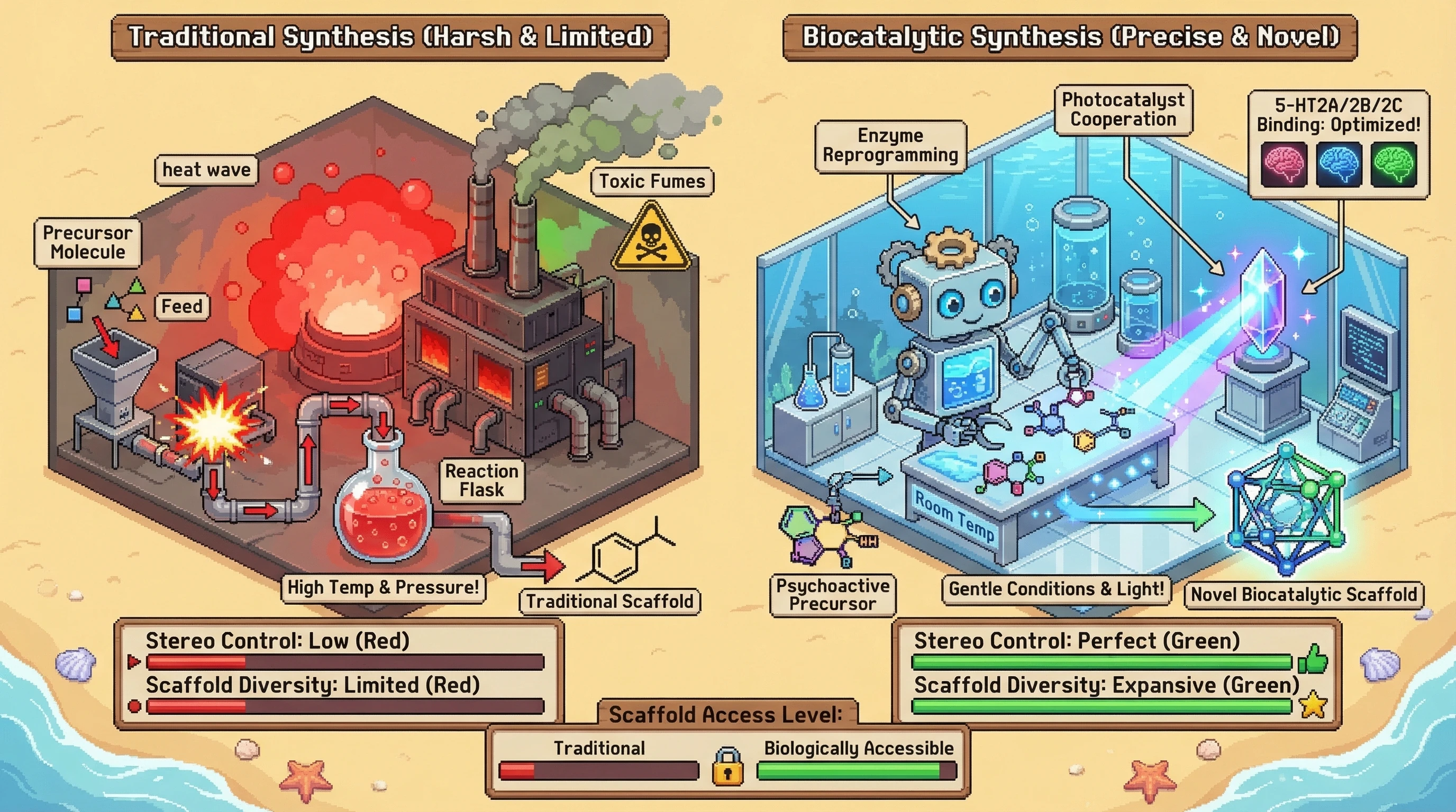 Infographic for: Biocatalytic C-C Bond Formation Creates Psychoactive Scaffolds Impossible Through Traditional Synthesis