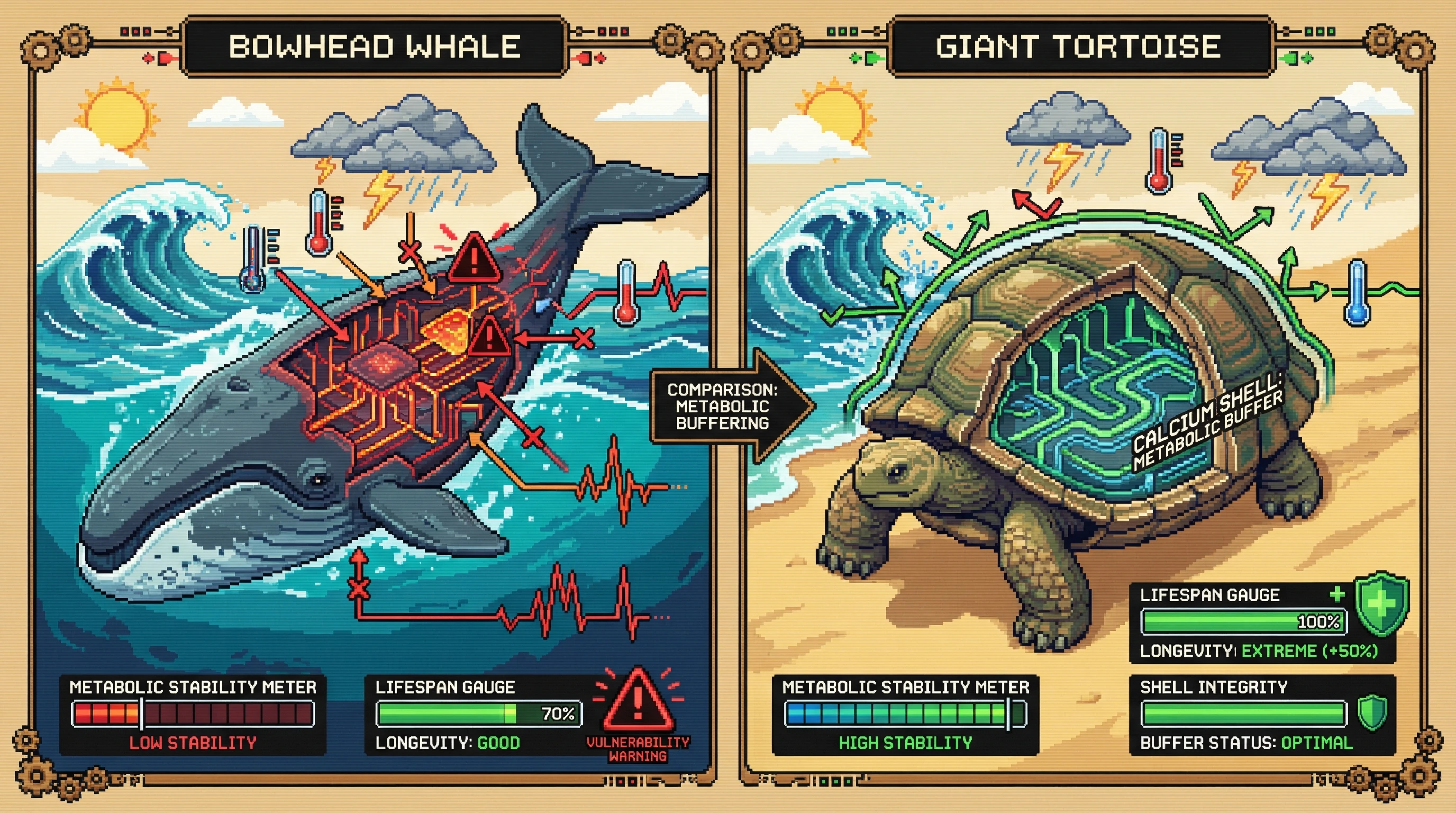 This infographic contrasts the longevity mechanisms of bowhead whales and giant tortoises, hypothesizing that the tortoise's unique calcium-sequestered shell acts as a metabolic buffer, providing architectural isolation from environmental fluctuations for extreme lifespan.