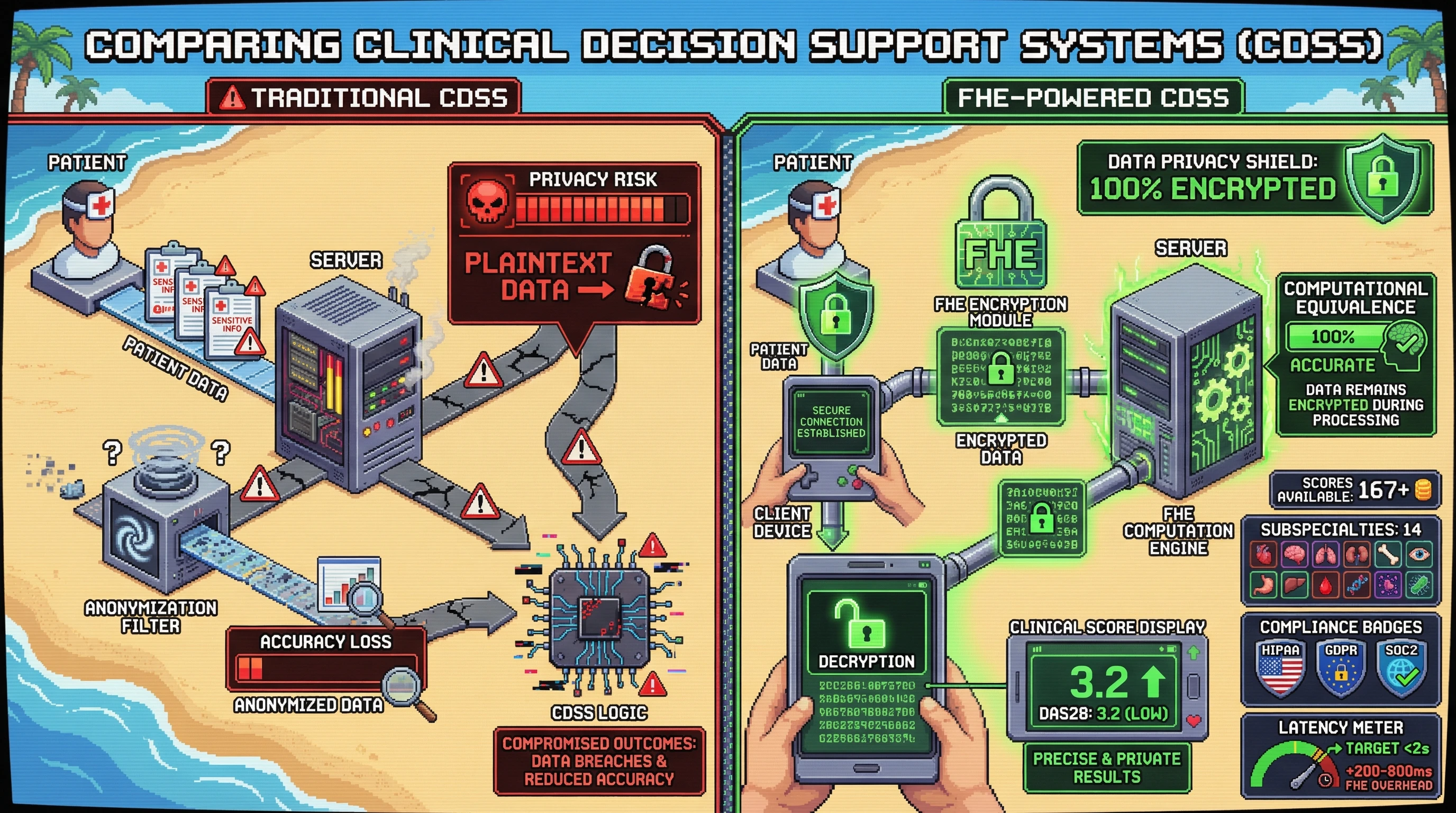 Infographic for: Hypothesis: Fully Homomorphic Encryption enables privacy-preserving clinical decision support at scale without sacrificing computational accuracy