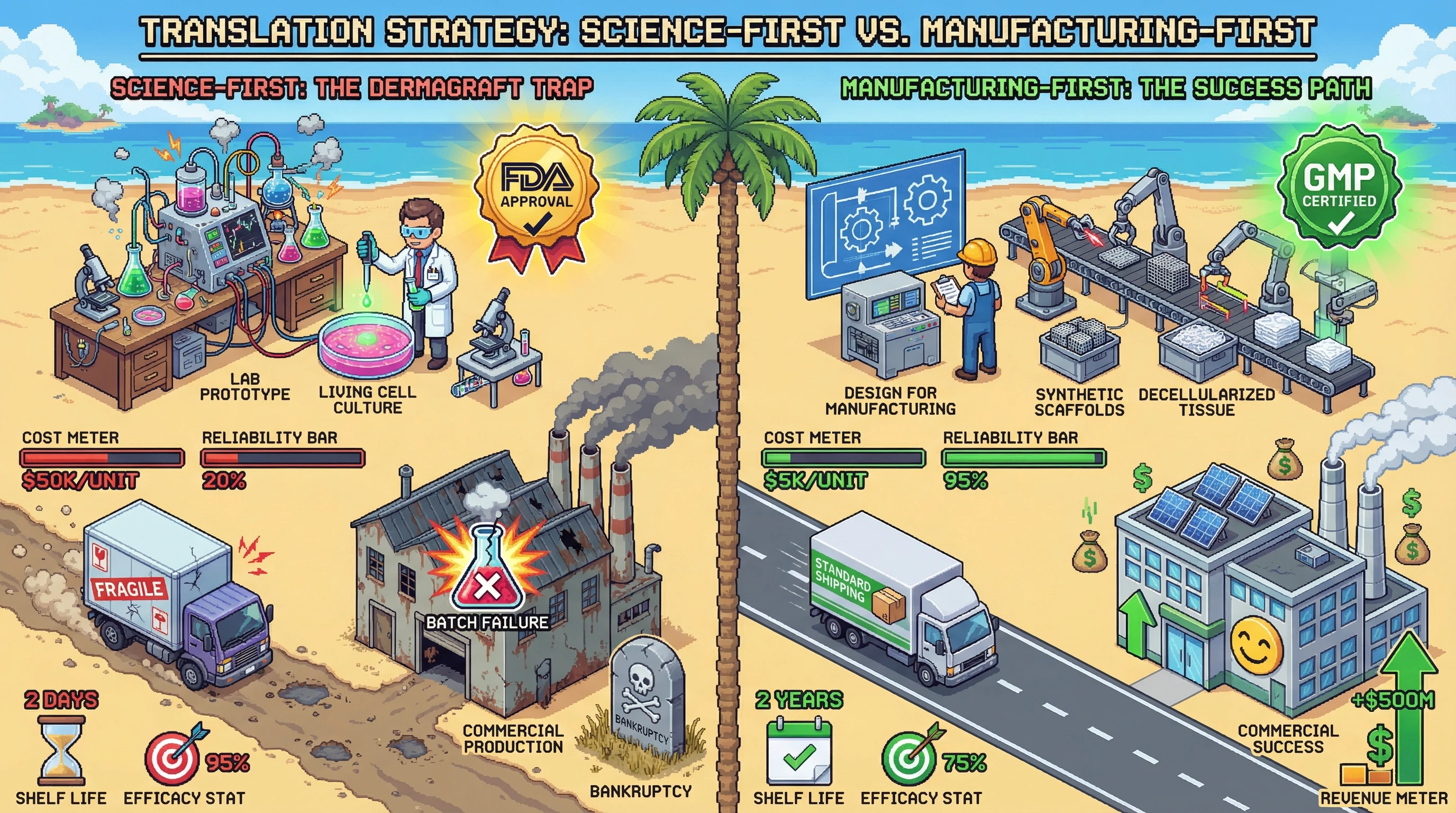 This infographic contrasts two strategies for bringing medical innovations to market: the 'Science-First' approach, which often leads to manufacturing failures despite scientific success, versus a 'Manufacturing-First' strategy that prioritizes scalability and reliability for commercial viability.