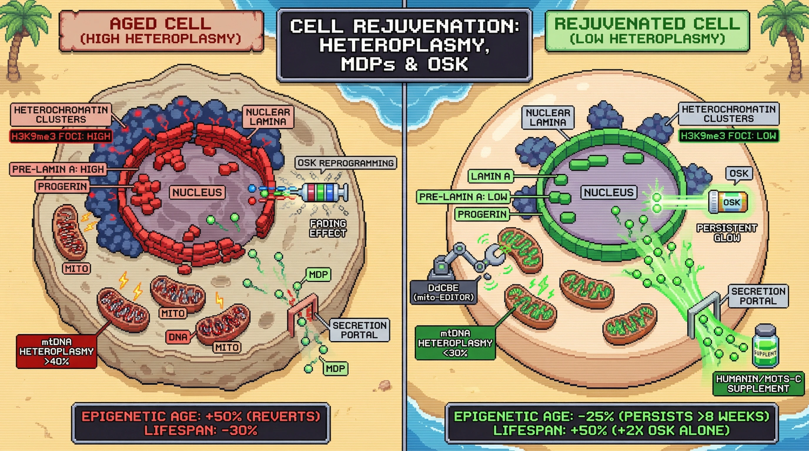 Mechanism: High mitochondrial DNA heteroplasmy disrupts critical mitochondrial peptide signaling, leading to nuclear lamina defects that hinder durable epigenetic rejuvenation by OSK. Readout: Readout: Reducing heteroplasmy restores MDPs, normalizes lamin A processing, and enables OSK to achieve persistent epigenetic age reversal and a 2-fold increase in median lifespan.