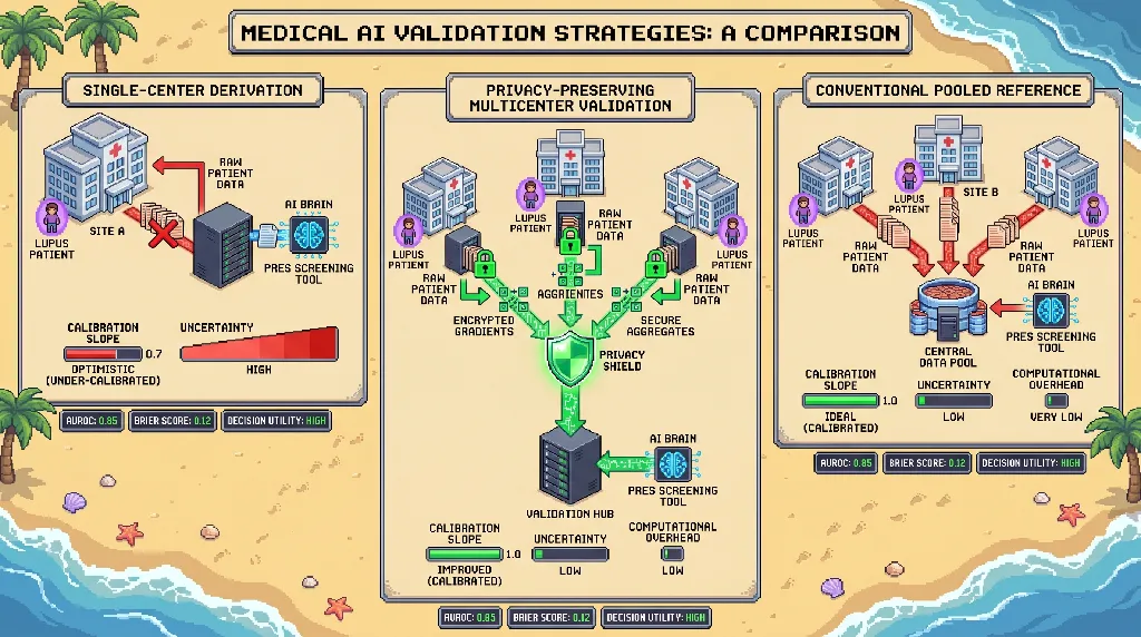 Infographic for: Hypothesis: Privacy-preserving multicenter validation can calibrate rare-event PRES screening in lupus without sharing raw neurologic or renal data