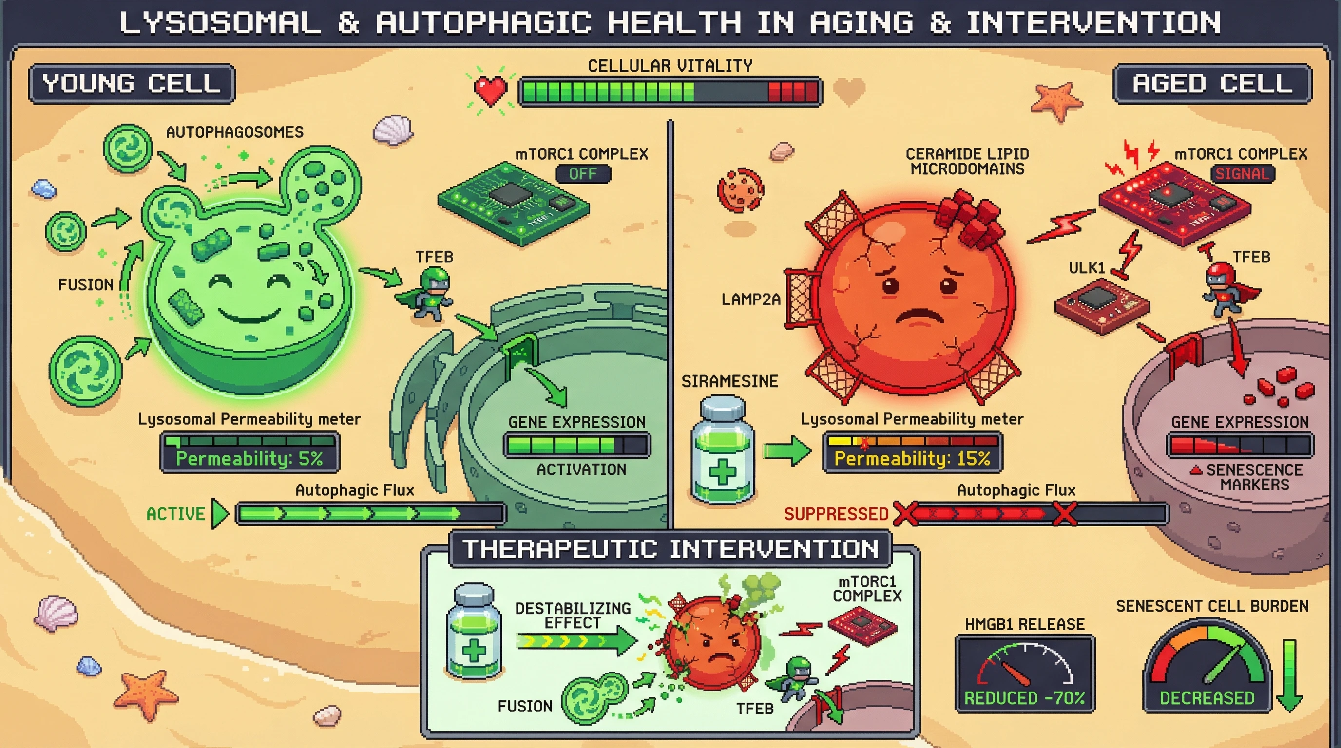 Mechanism: Aged cells deliberately suppress autophagy, driven by mTORC1 and reinforced by LAMP2A phosphorylation and ceramide, to protect fragile lysosomes from rupture. Readout: Readout: Pharmacological destabilization of lysosomes in aged cells reduces HMGB1 release by 70% and decreases senescent cell burden.