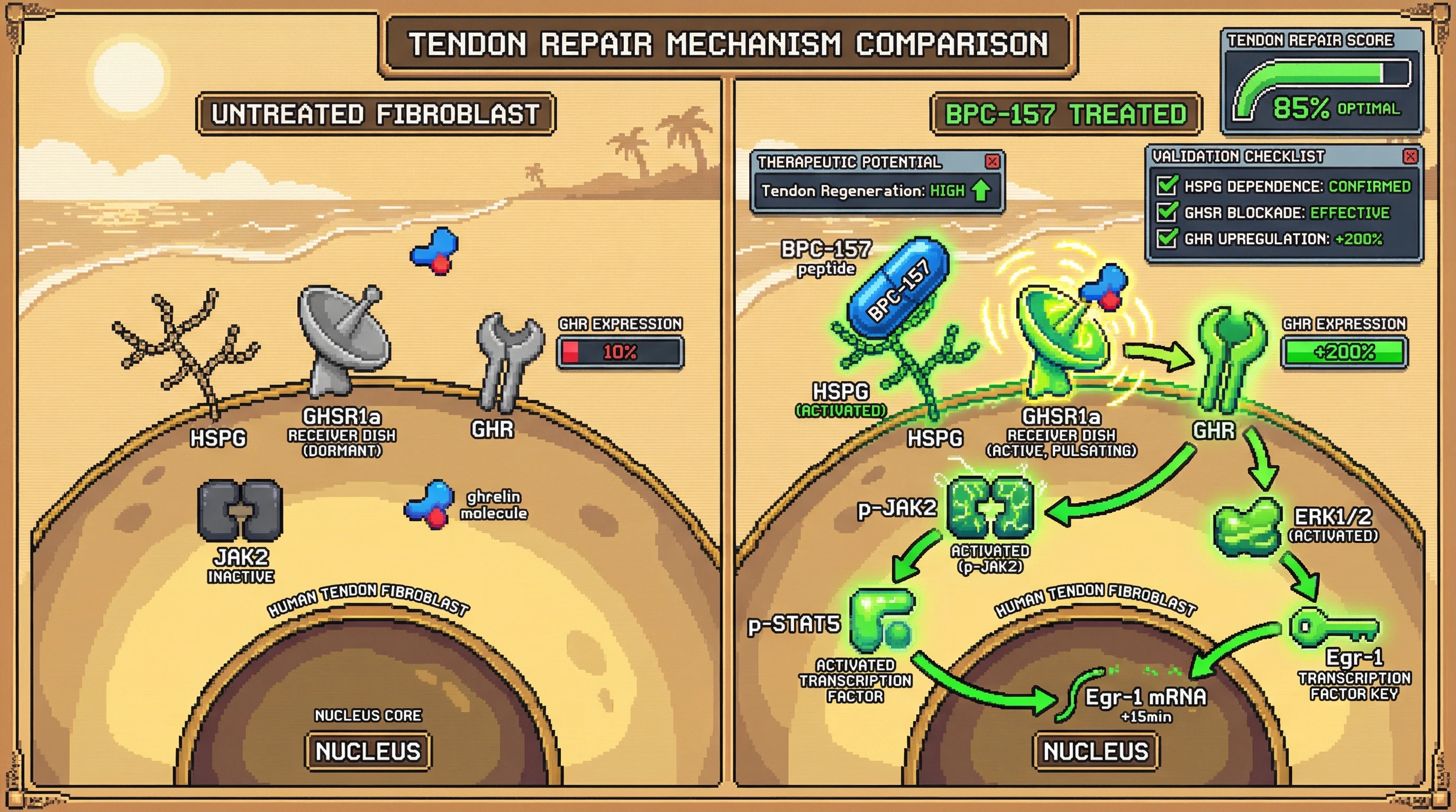 Infographic for: Hypothesis: BPC-157 functions as an HSPG‑dependent allosteric modulator of GHSR that potentiates GHR/JAK2 signaling in human tendon fibroblasts