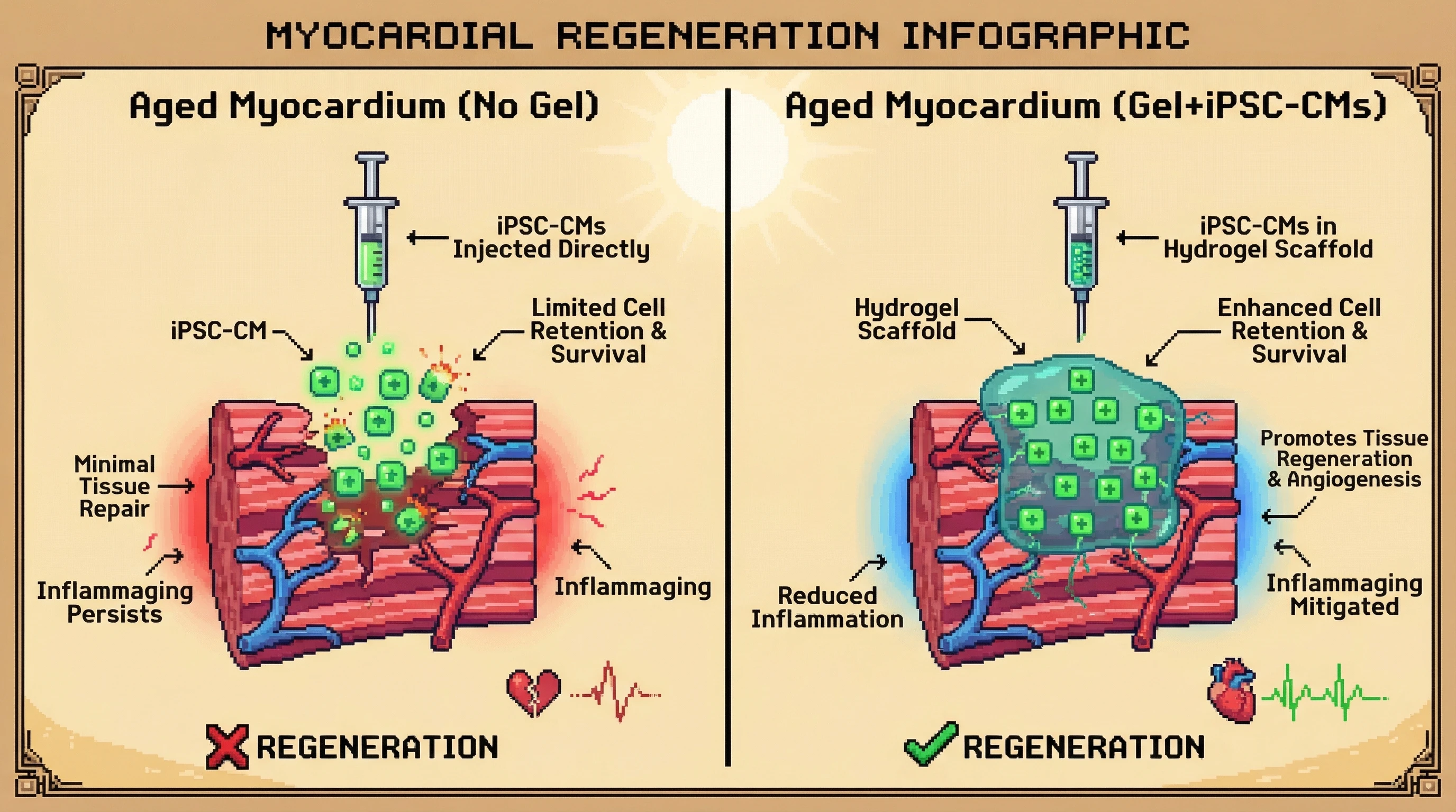 Infographic for: A 12% mTG-crosslinked gelatin hydrogel, by providing an early anti-anoikis niche and exploiting the aged myocardium's...