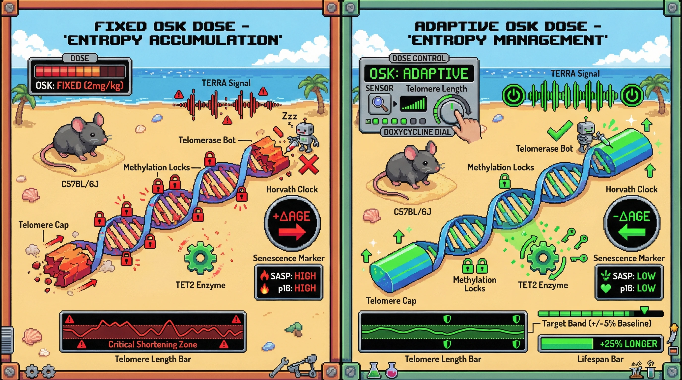 Mechanism: Adaptive OSK dosing, guided by telomere length, optimizes TET2 activity to reduce epigenetic entropy and maintain telomere stability. Readout: Readout: This leads to greater Horvath methylation clock reversal and lower senescence markers compared to fixed dosing.