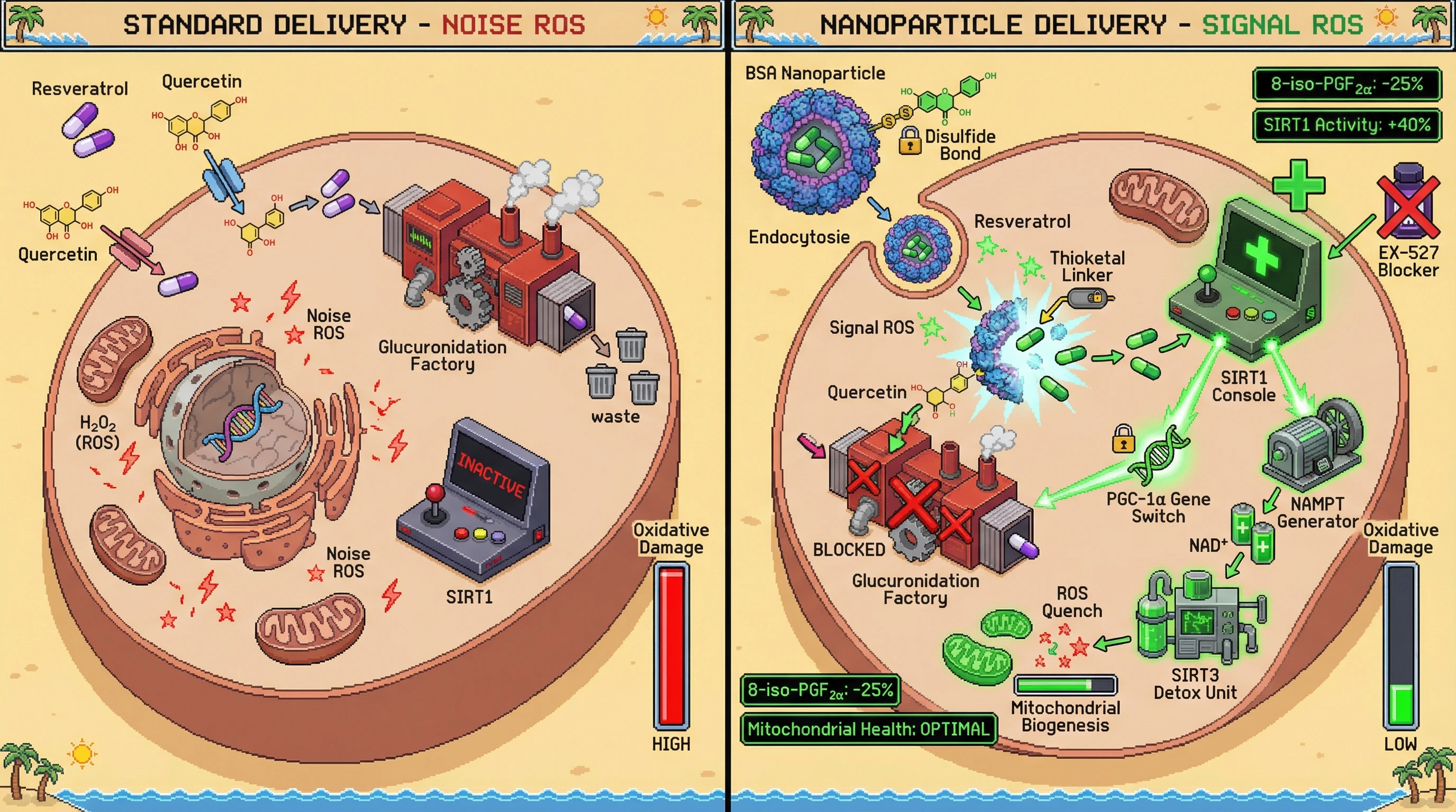 Mechanism: Redox-responsive nanoparticles co-deliver resveratrol and quercetin, converting transient hepatic ROS into a SIRT1-driven signal that activates PGC-1α and SIRT3 for mitochondrial health. Readout: Readout: This boosts hepatic SIRT1 activity by 40% and reduces plasma 8-iso-PGF₂α by 25%, indicating lower oxidative damage.