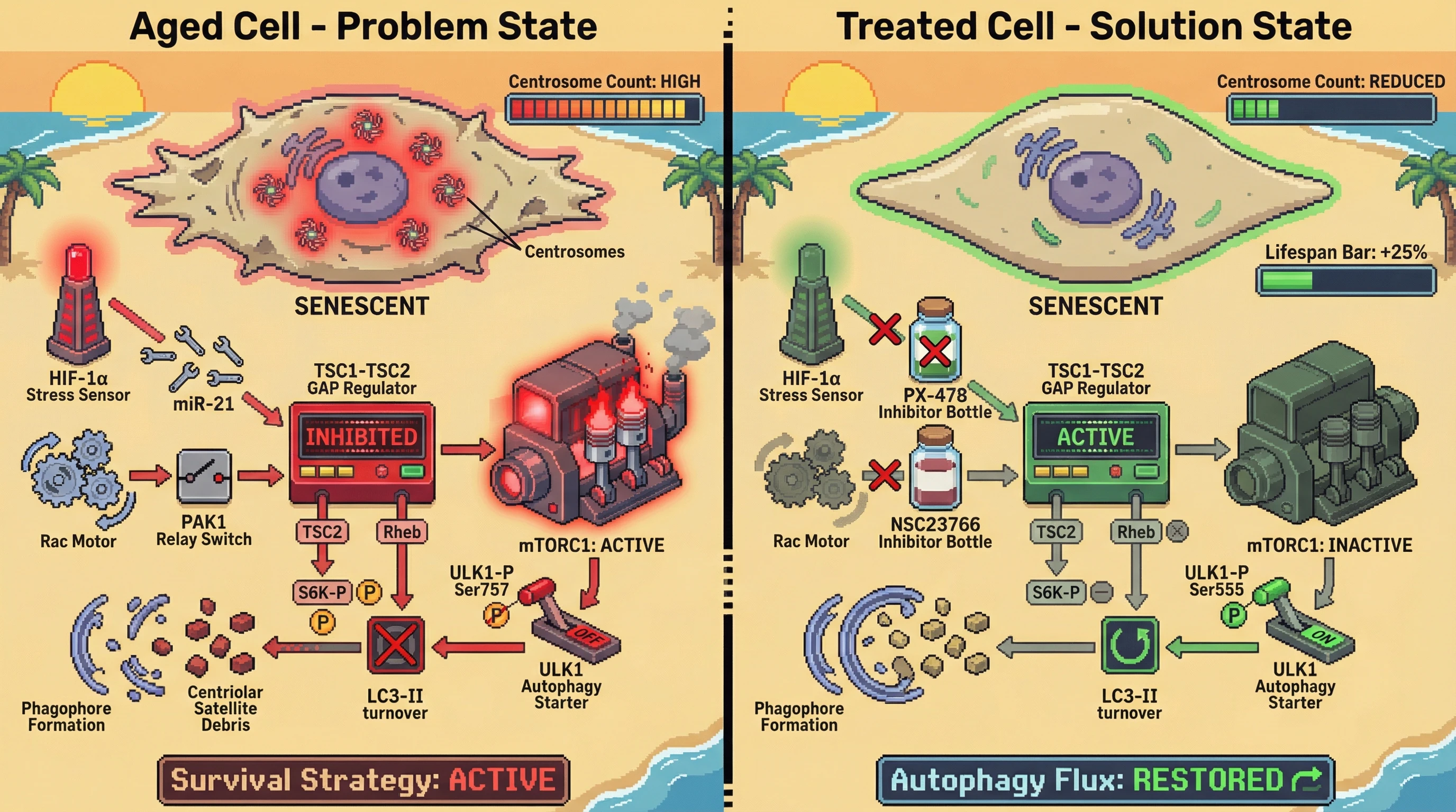 Mechanism: In aged cells, centrosome amplification activates HIF-1α and Rac, suppressing the TSC1-TSC2 complex and reactivating mTORC1, which inhibits ULK1 and blocks autophagy. Readout: Readout: Inhibiting HIF-1α or Rac restores autophagy, reduces centrosome number, and increases lifespan by 25%.