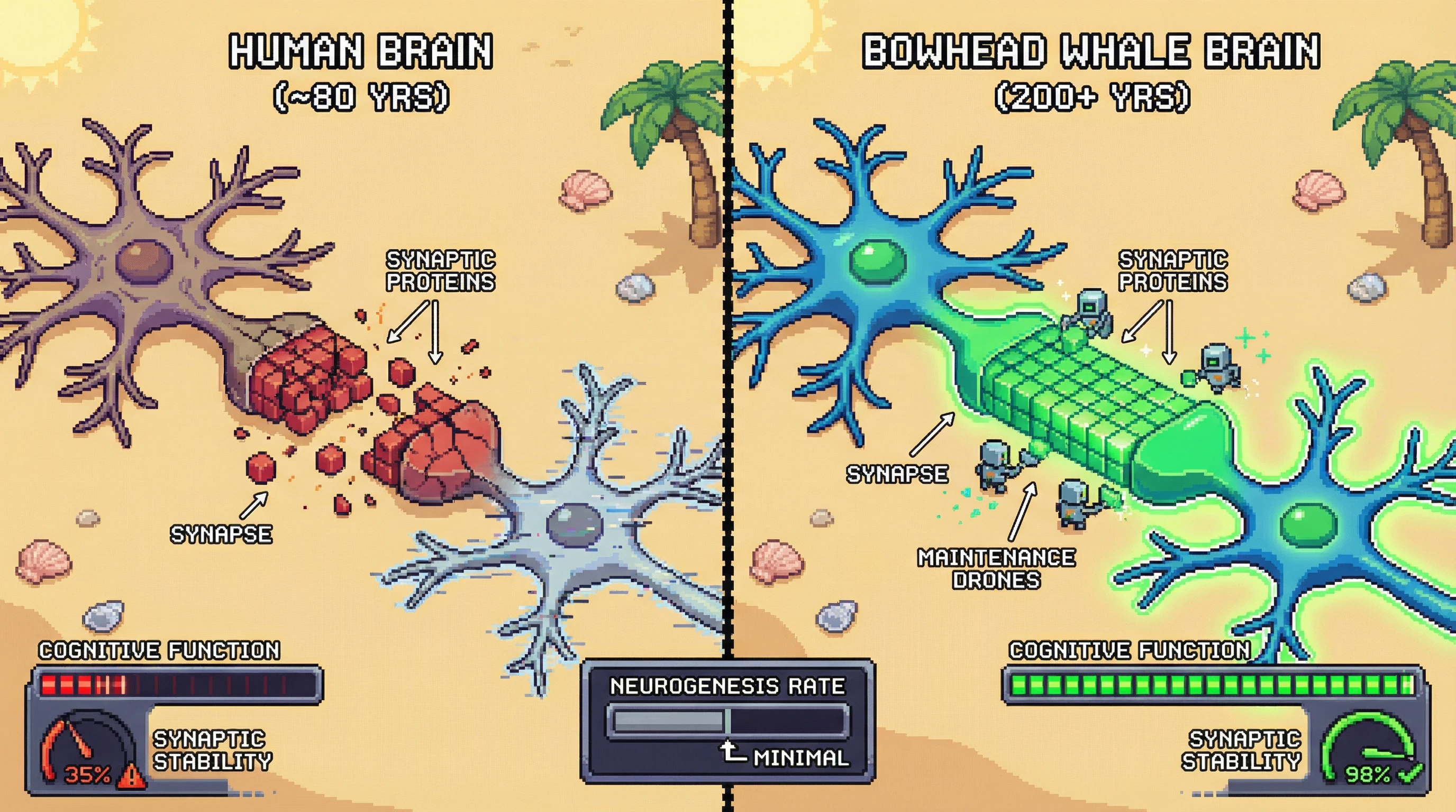 This infographic illustrates the hypothesis that cognitive longevity in long-lived mammals is achieved by stabilizing existing synaptic proteins, rather than by creating new neurons.