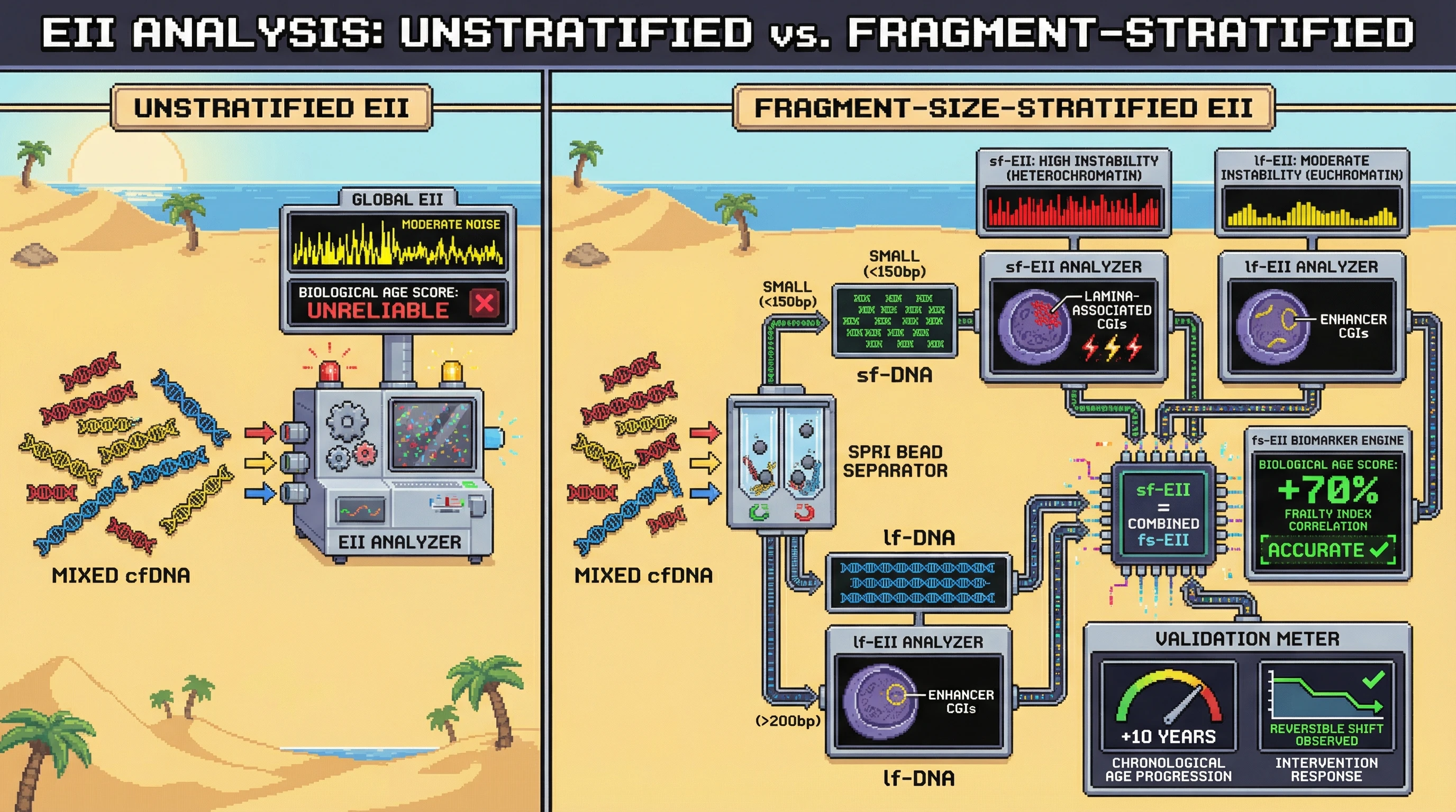 Infographic for: Fragment-size-stratified Epigenetic Instability Index (fs-EII) as a Tissue‑agnostic Biomarker of Biological Aging