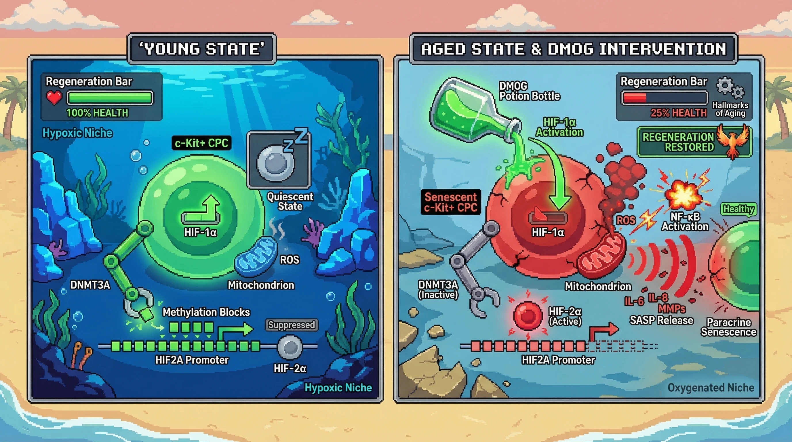 Infographic for: Hypothesis: A HIF‑1α‑Dependent Epigenetic Switch Governs Hypoxic Niche Integrity and Drives the Hallmarks of Aging in Cardiac Progenitor Cells