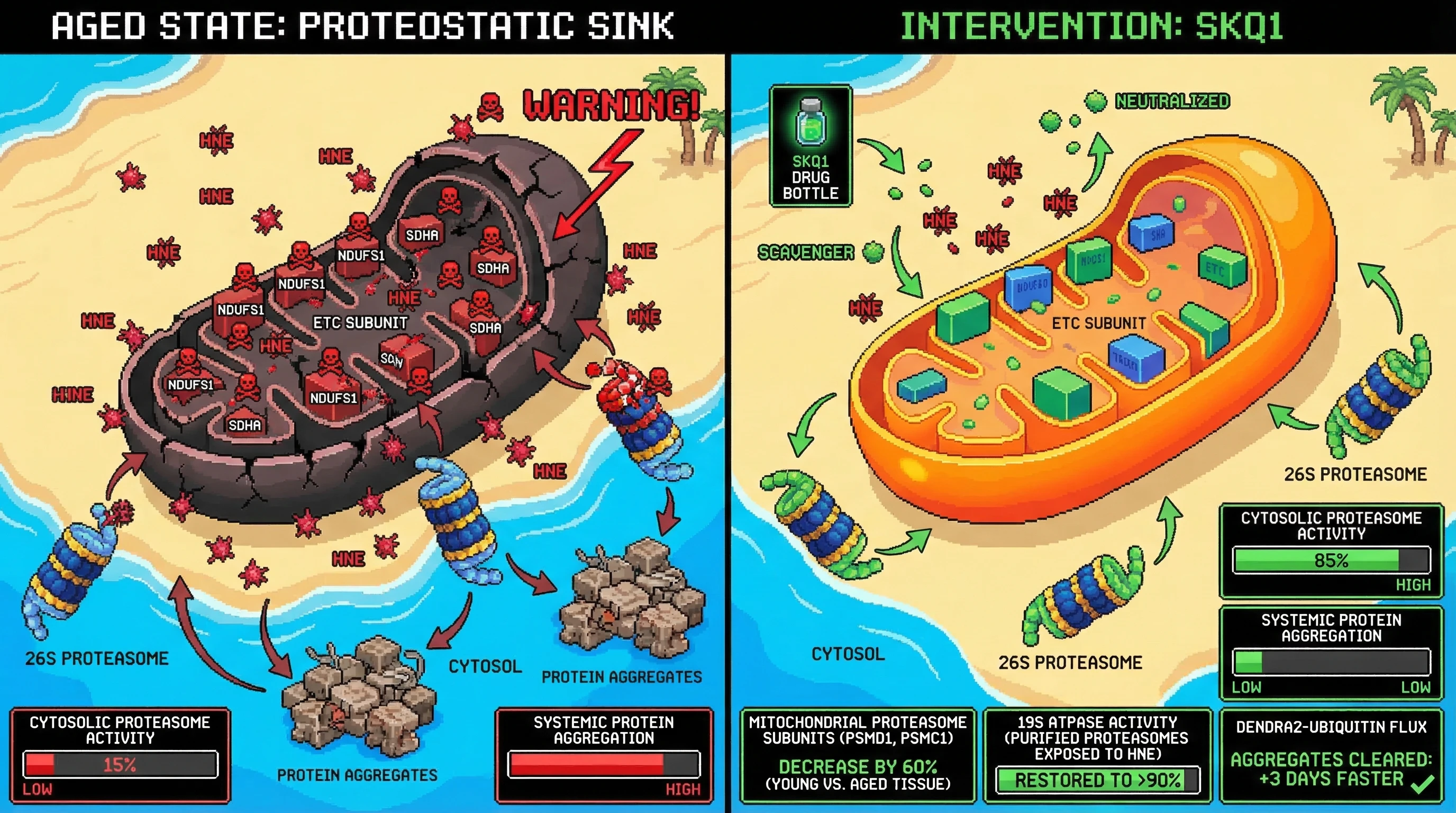 Mechanism: Accumulation of lipid adducts on mitochondrial ETC subunits sequesters and stalls cytosolic 26S proteasomes at the mitochondrial outer membrane, leading to systemic protein aggregation. Readout: Readout: SkQ1 intervention decreases mitochondrial proteasome subunit levels, restores 19S ATPase activity, and accelerates aggregate clearance by 3 days.