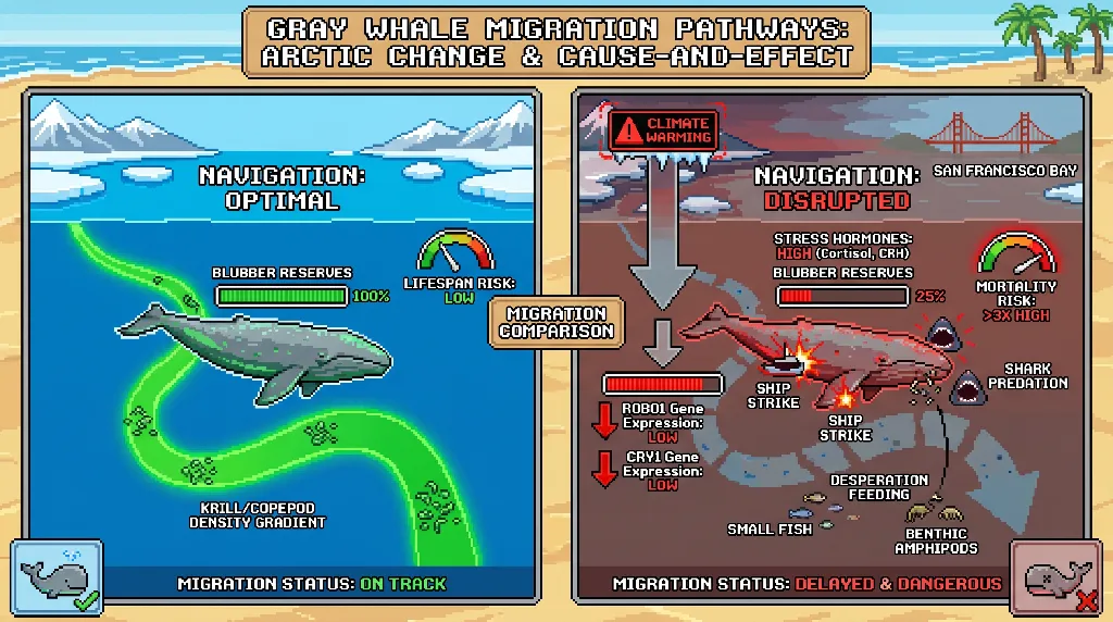 Infographic for: Hypothesis: Arctic Food-Web Collapse Triggers Maladaptive Navigation Syndrome in Gray Whale Populations