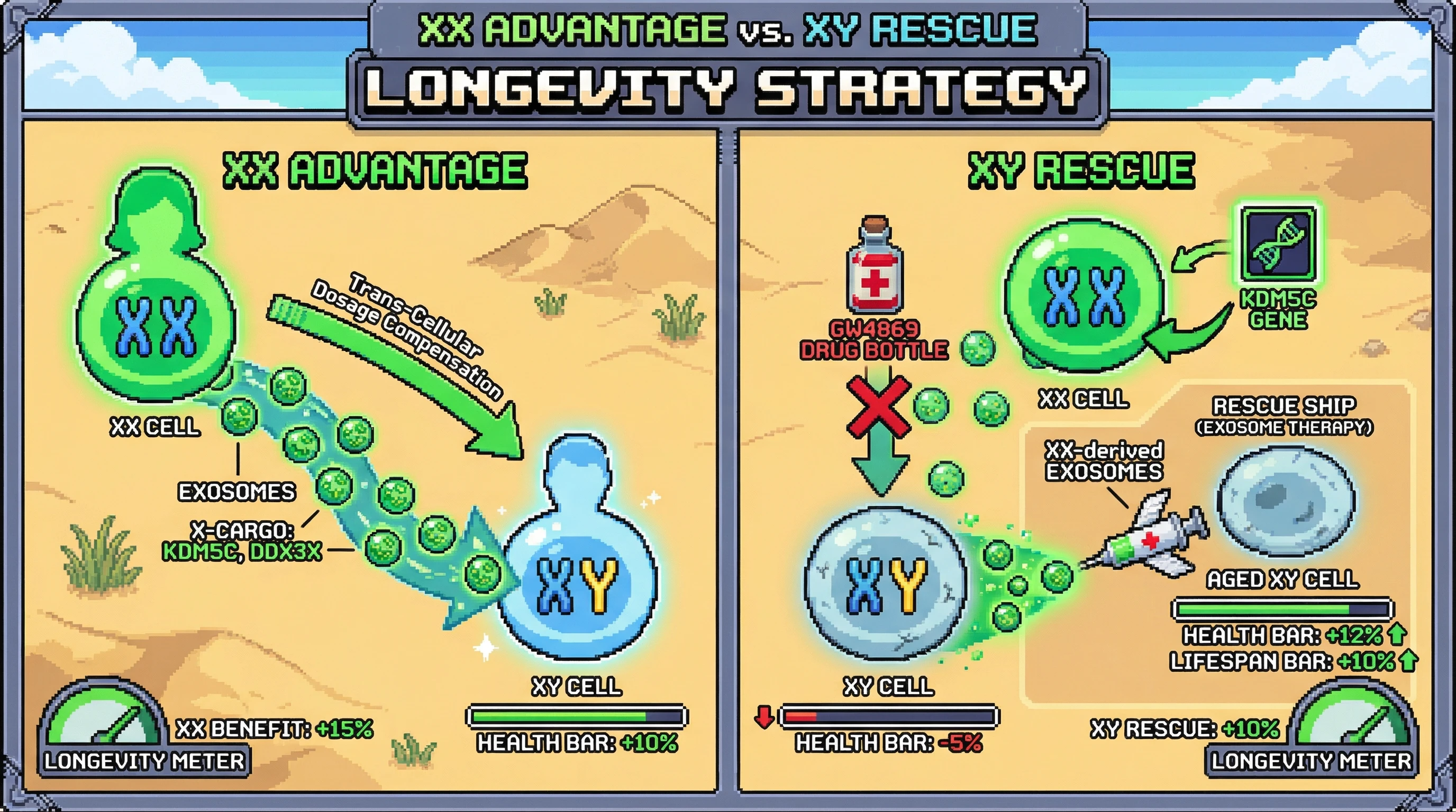 Mechanism: XX cells secrete exosomes carrying X-linked escape factors like KDM5C, which are transferred to XY cells to compensate for X-chromosome dosage and promote longevity. Readout: Readout: Blocking exosome release diminishes XX longevity advantage, while injecting XX exosomes extends XY lifespan and improves health metrics.