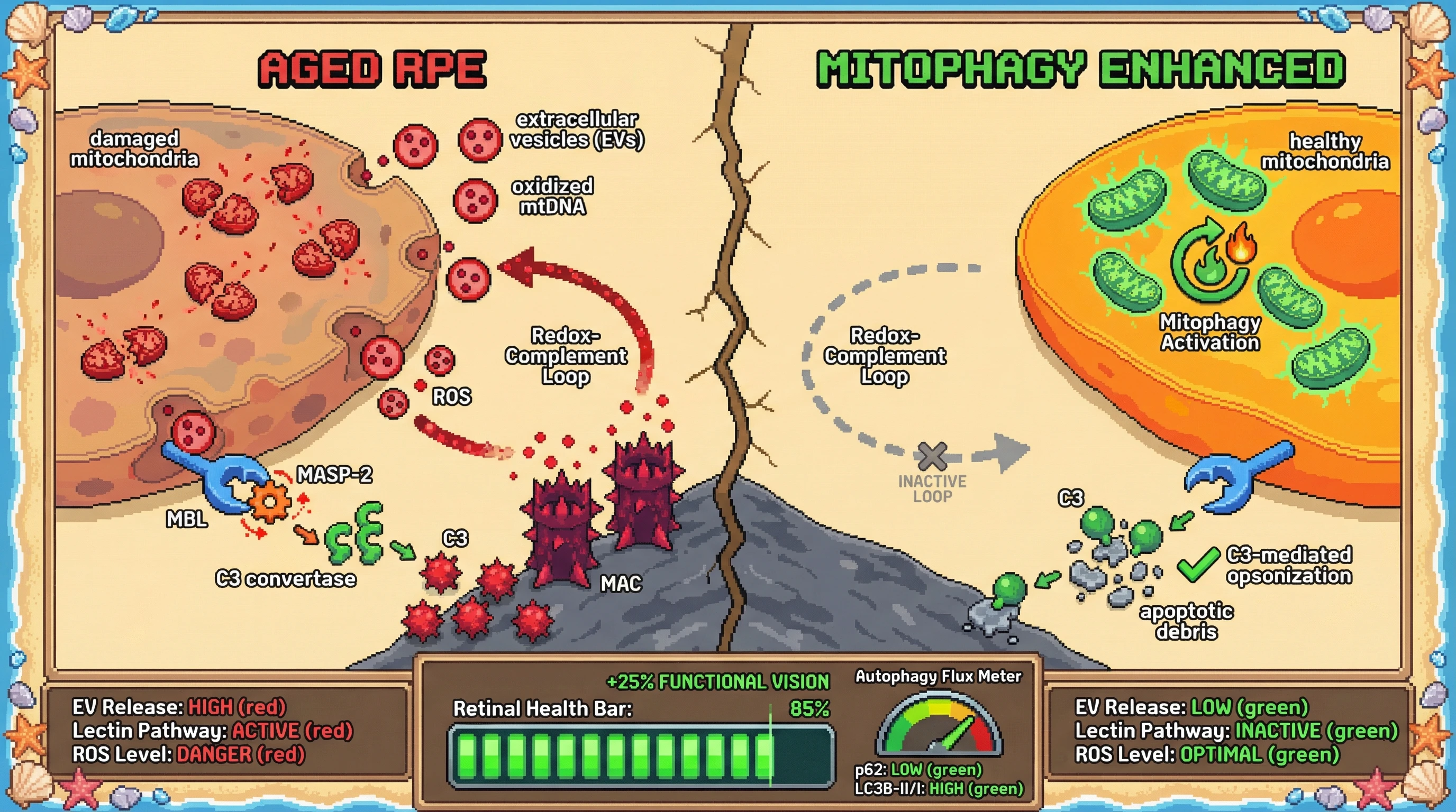 Mechanism: Aged RPE cells release oxidized mitochondrial DNA via extracellular vesicles, activating the lectin complement pathway and forming a damaging redox-complement loop. Readout: Readout: Mitophagy enhancement reduces EV release, lowers ROS, and improves retinal health while preserving protective C3 opsonization, leading to a +25% increase in functional vision.