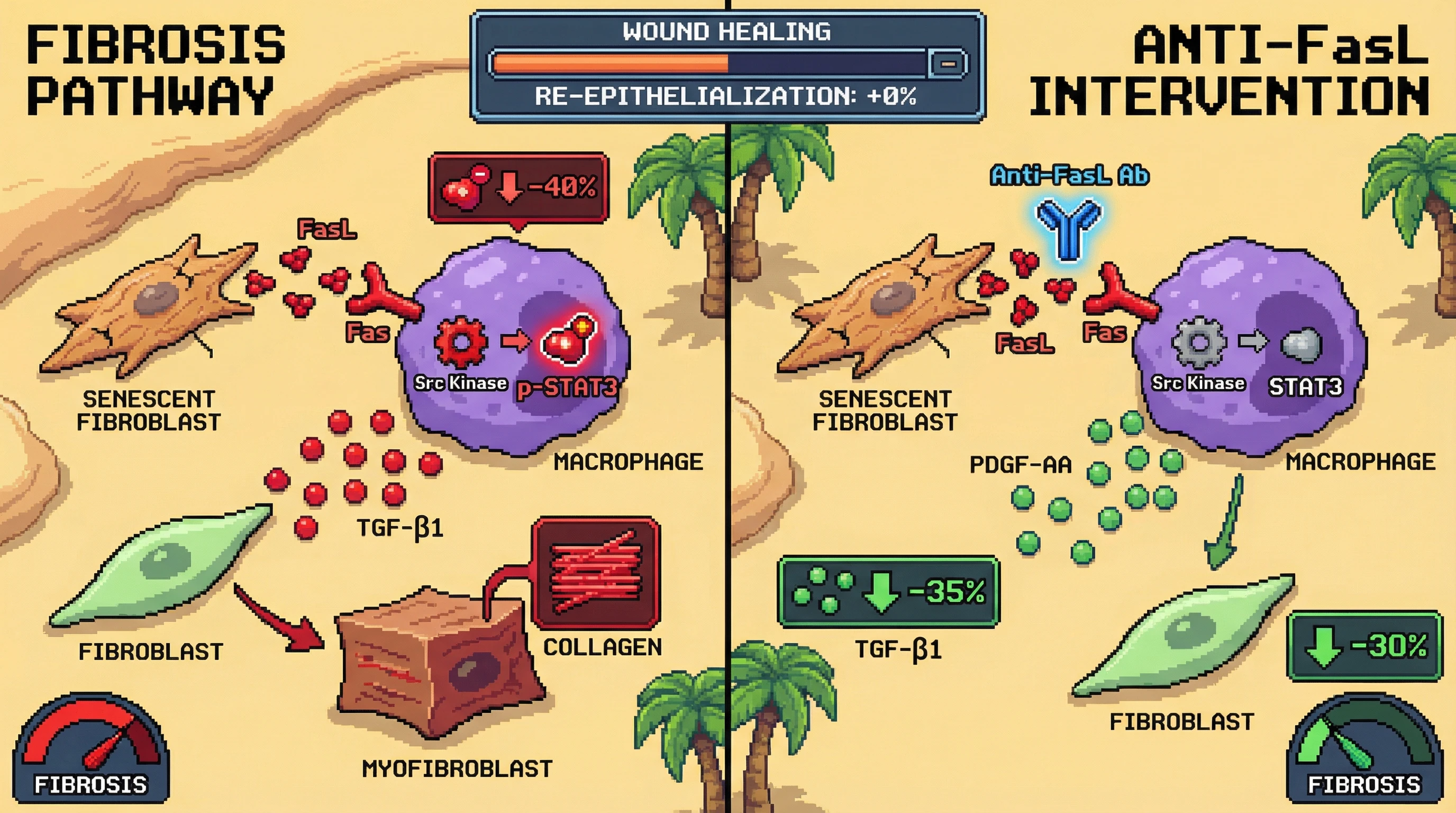Infographic for: FasL-mediated immune evasion by senescent fibroblasts drives pathogenic macrophage reprogramming that fuels fibrosis