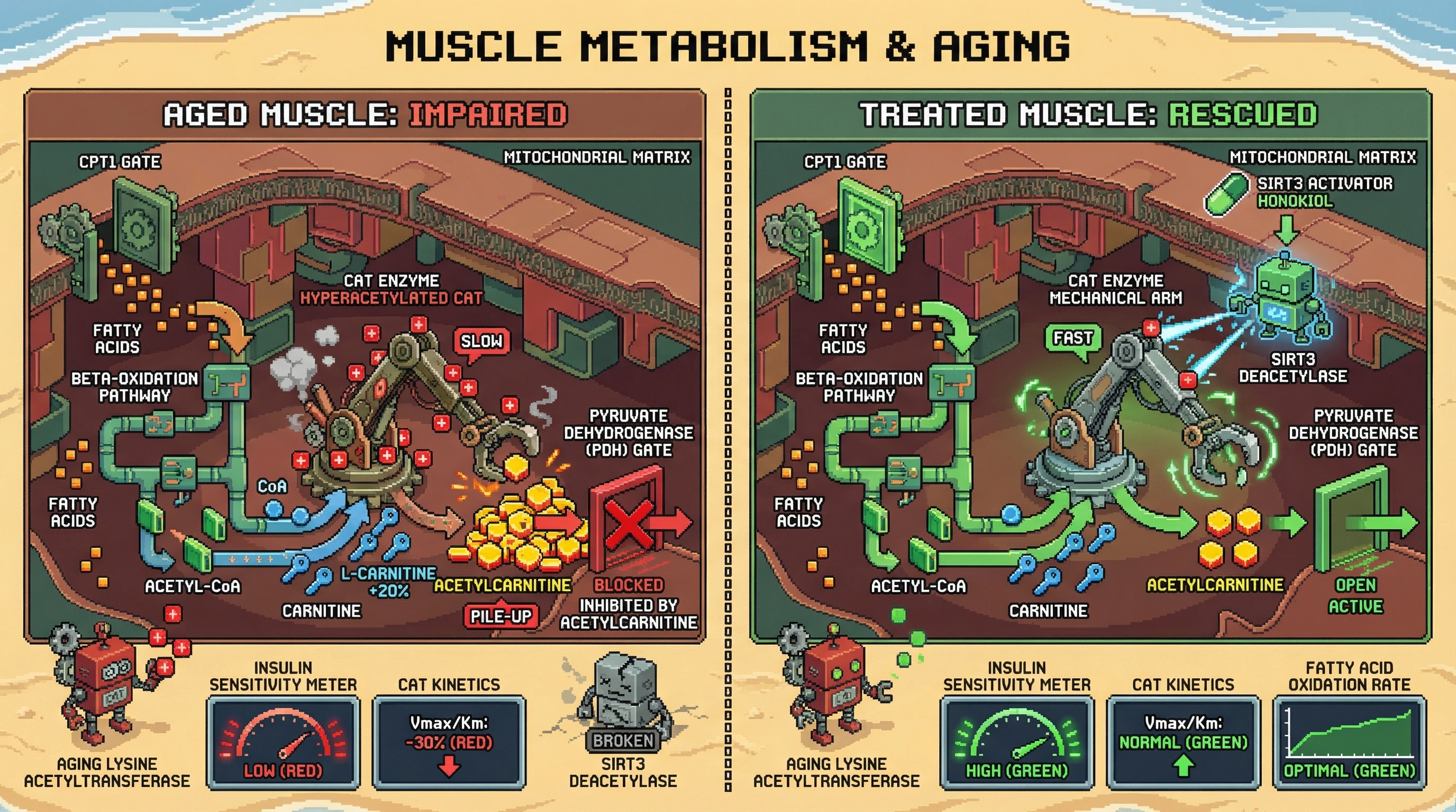 Infographic for: Age-dependent decline in carnitine acetyltransferase (CAT) catalytic efficiency limits fatty acid oxidation despite increased carnitine availability, and can be rescued by SIRT3-mediated deacetylation