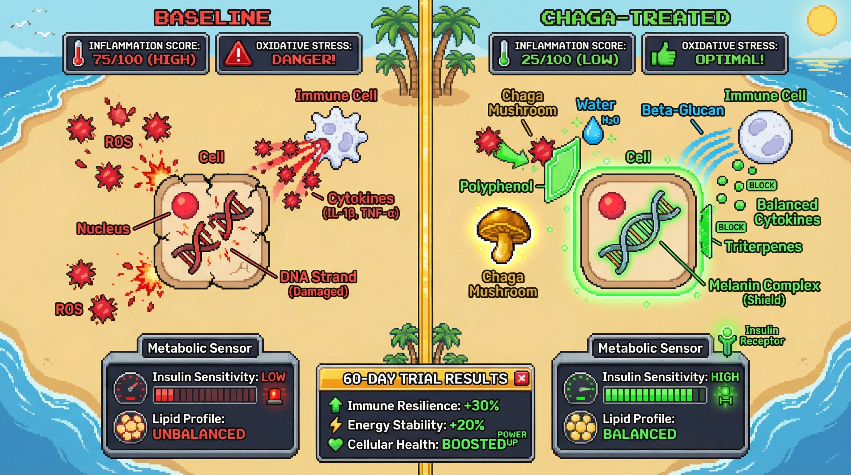 This infographic illustrates the proposed mechanisms of Chaga mushroom extract, showing how its compounds (polyphenols, beta-glucans, triterpenes, melanin) combat inflammation, oxidative stress, and metabolic imbalance at a cellular level, leading to improved health outcomes in a simulated 60-day trial.