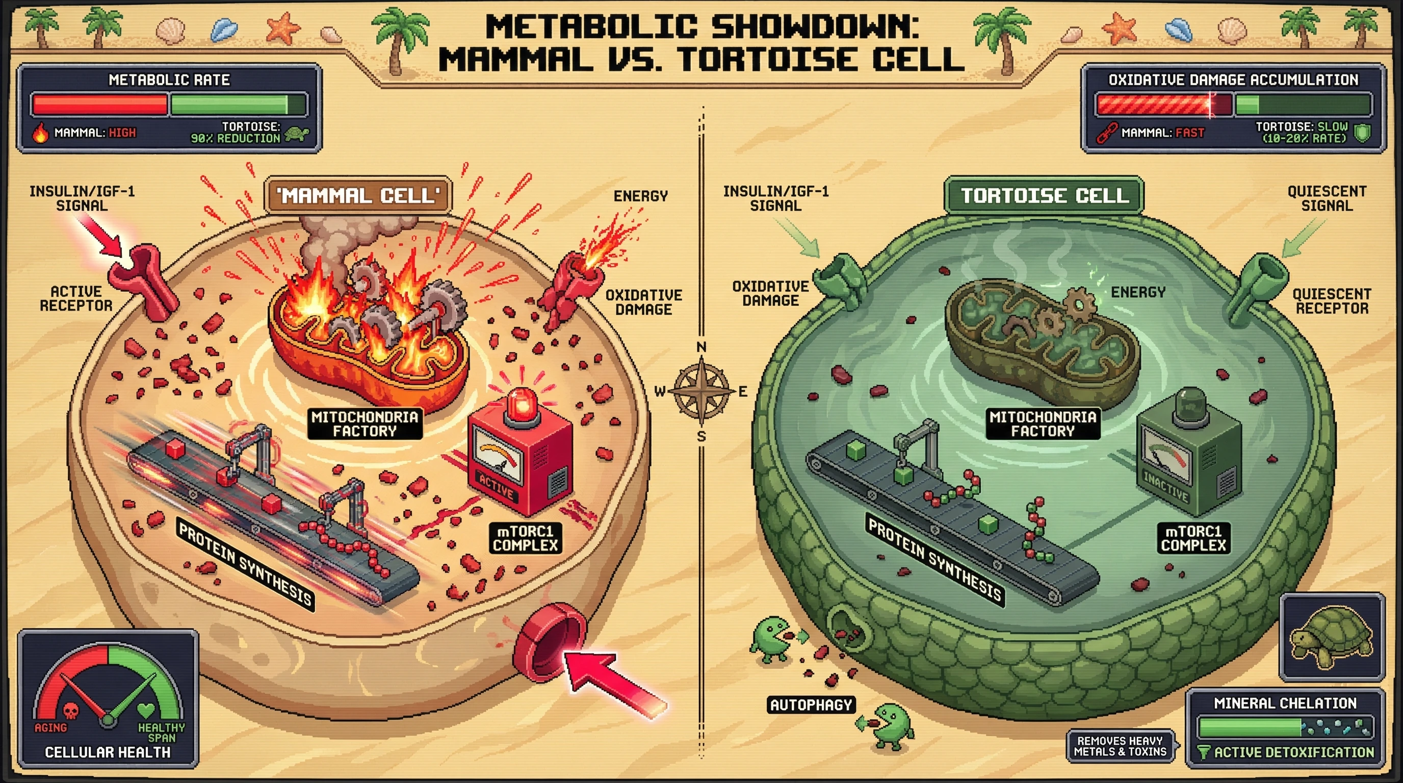This infographic illustrates the 'Tortoise Longevity Paradox,' comparing a typical mammalian cell's high metabolic activity and rapid aging with a Galapagos tortoise cell's dramatically suppressed metabolism, leading to reduced damage and extended healthspan through mechanisms like enhanced autophagy and active detoxification.