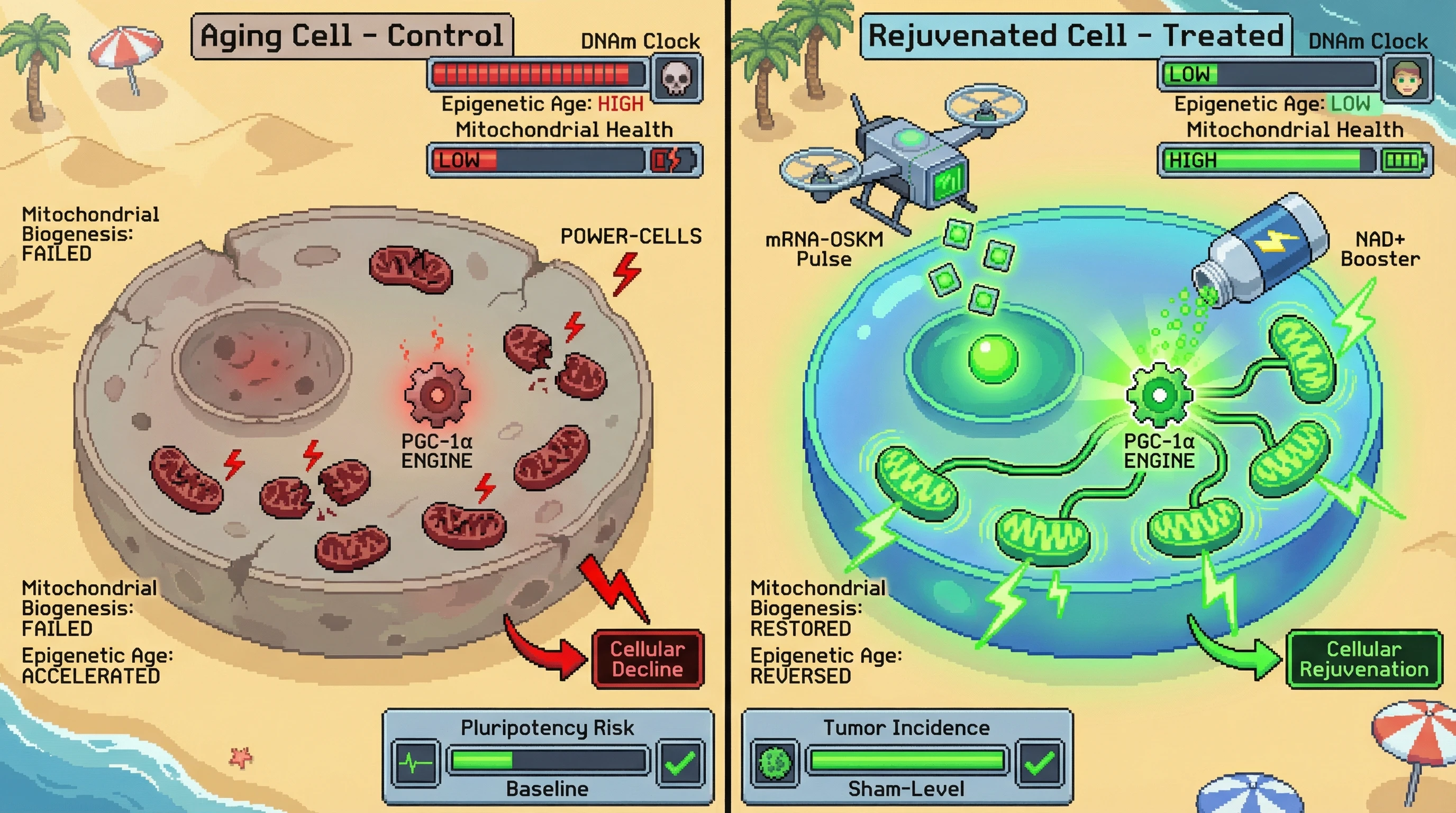 Mechanism: Cyclic mRNA-OSKM pulses combined with NAD+ boosting amplify PGC-1α, driving mitochondrial repair and reversing epigenetic age. Readout: Readout: Treated cells show reduced epigenetic age and increased mitochondrial health, without raising pluripotency markers or tumor risk.