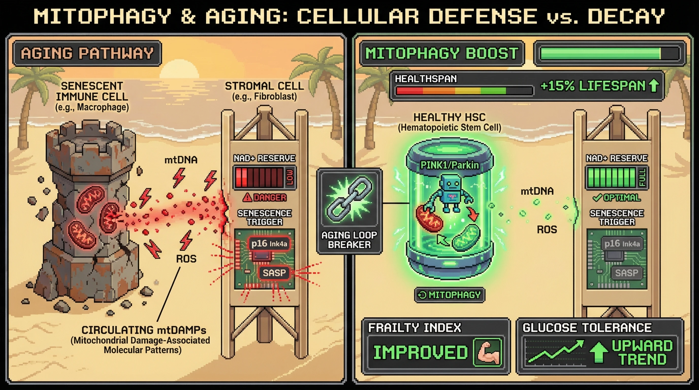 Infographic for: Reprogramming Mitochondrial Dynamics in Hematopoietic Stem Cells Breaks the Immune‑Driven Aging Loop