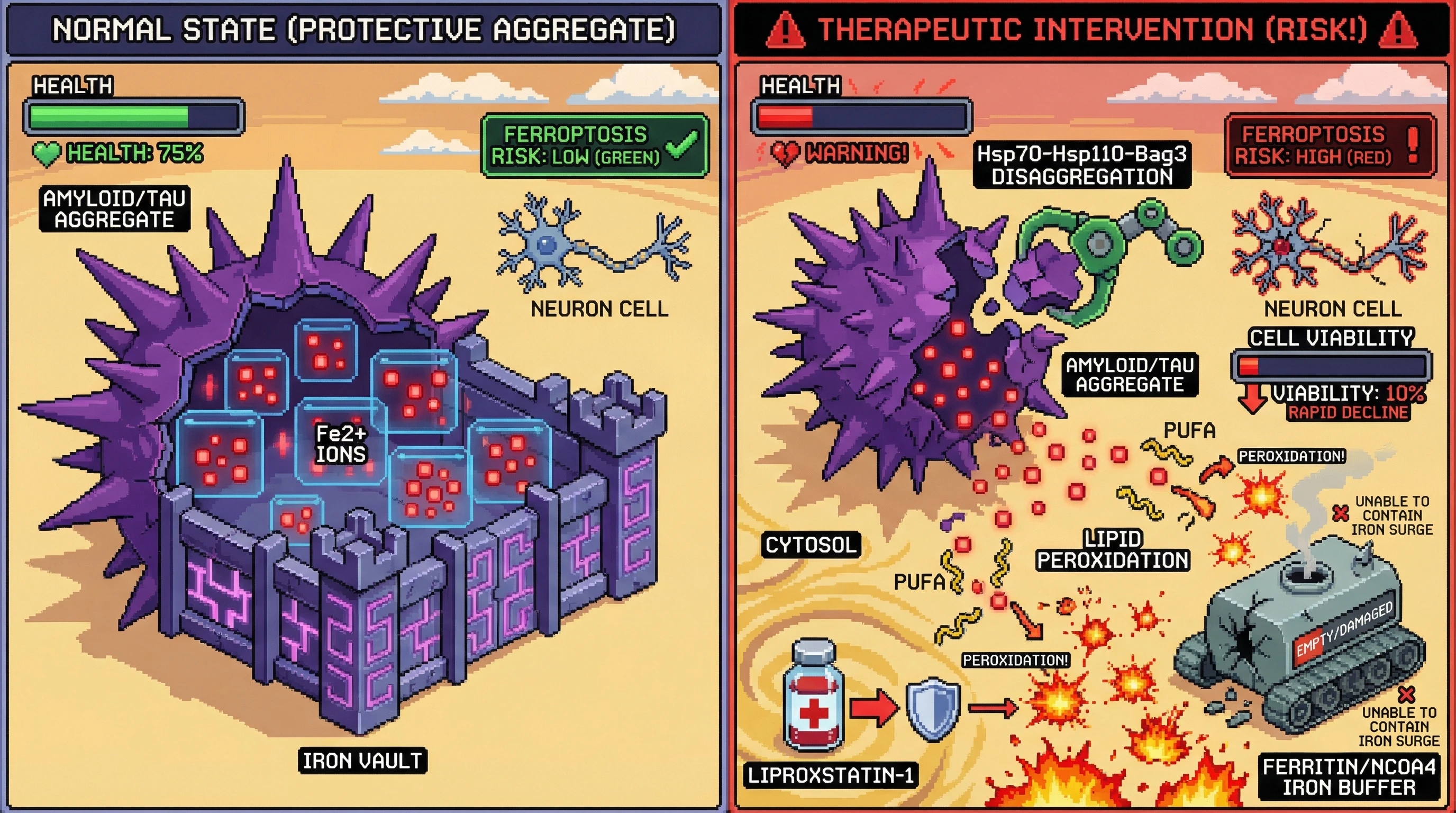 Mechanism: Amyloid/tau aggregates sequester redox-active iron, preventing harmful lipid peroxidation and ferroptosis. Readout: Disaggregating these structures without enhancing iron buffering overwhelms antioxidant defenses, leading to lethal membrane damage.