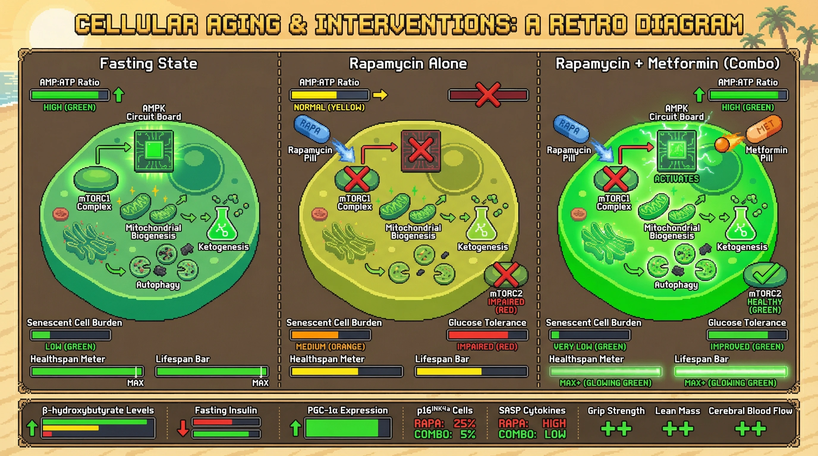 Infographic for: Combining mTORC1 inhibition with AMPK activation mimics genuine fasting and improves healthspan beyond rapamycin alone