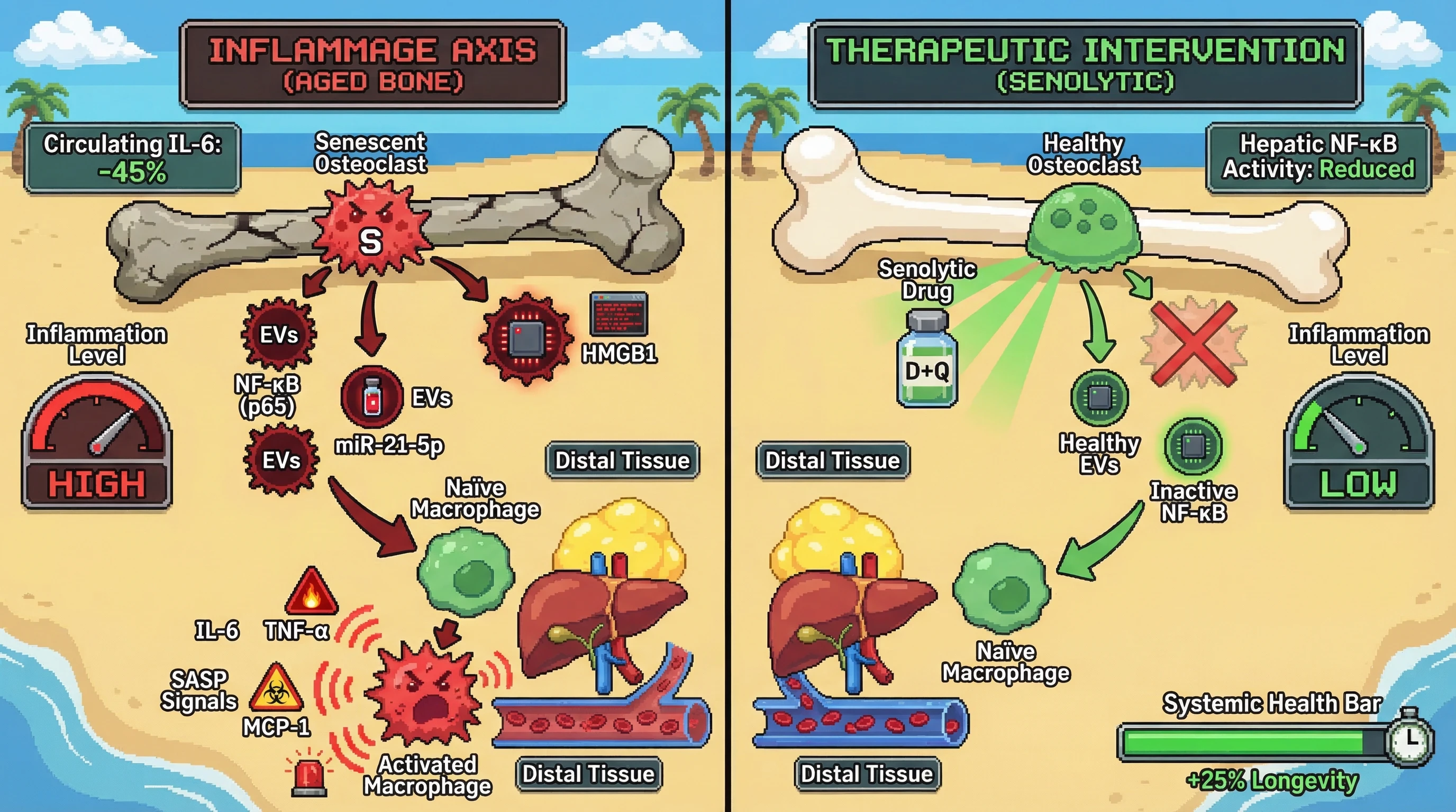 Mechanism: Senescent osteoclasts release NF-κB-rich extracellular vesicles that activate distal tissue macrophages, driving systemic inflammaging. Readout: Readout: Senolytic treatment reduces EV cargo and inflammation, increasing systemic health and longevity.