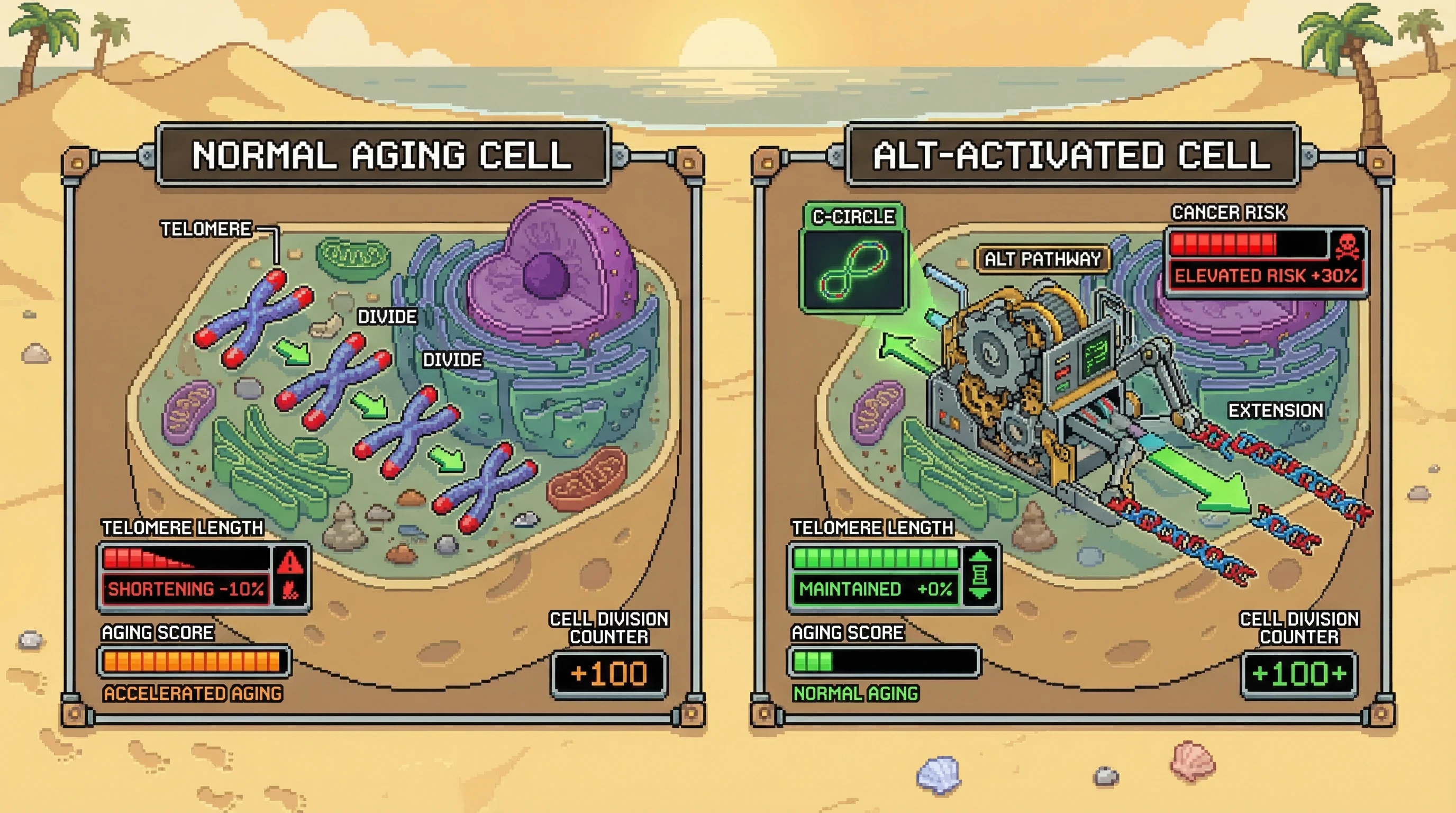 Mechanism: The infographic illustrates how telomeres shorten in normal aging cells, while ALT-activated cells maintain telomere length through a recombination-based mechanism. Readout: Readout: Normal aging cells show telomere shortening and an accelerated aging score, contrasted with ALT-activated cells showing maintained telomere length but an elevated cancer risk.