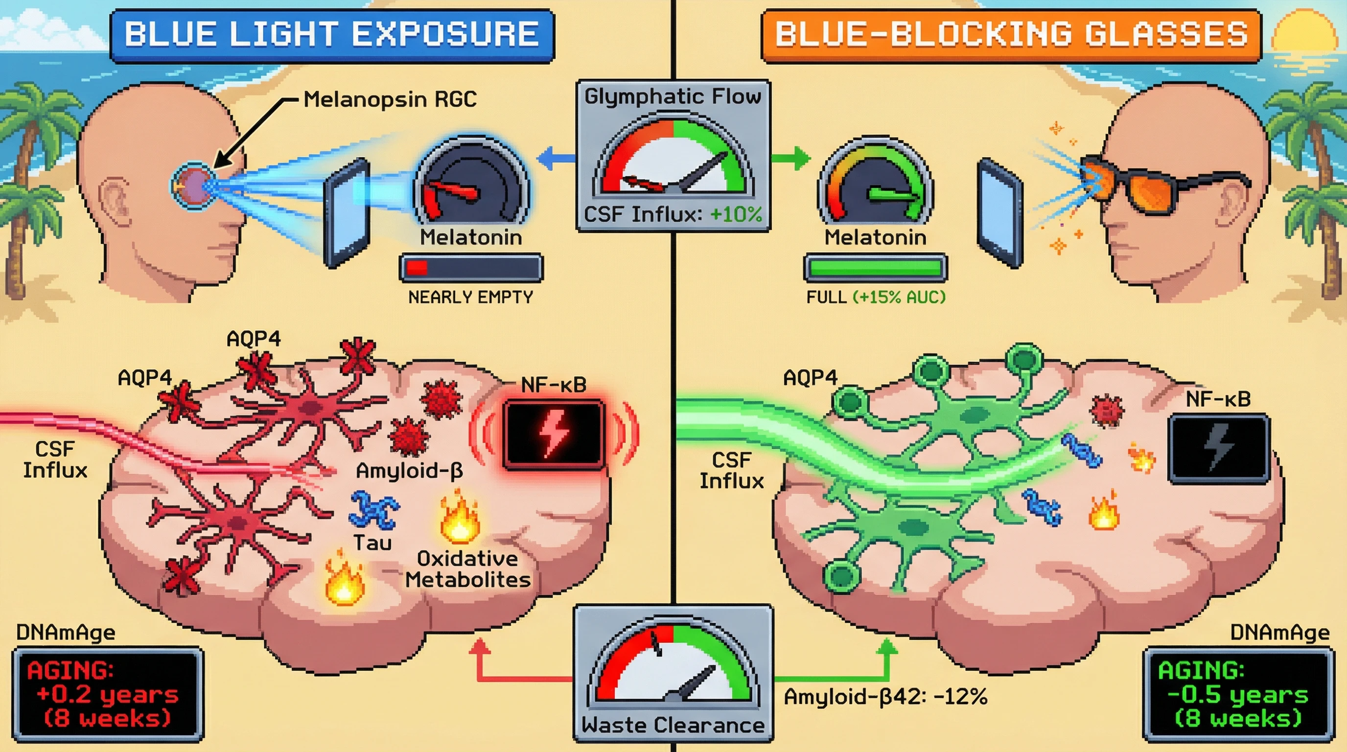 Mechanism: Evening blue-blocking glasses increase nocturnal melatonin, which upregulates astrocytic AQP4, boosting glymphatic CSF influx and waste clearance. Readout: Readout: This reduces brain interstitial toxins and lowers epigenetic aging by 0.5 years, alongside a 15% melatonin rise, 10% glymphatic boost, and 12% amyloid-β42 reduction.