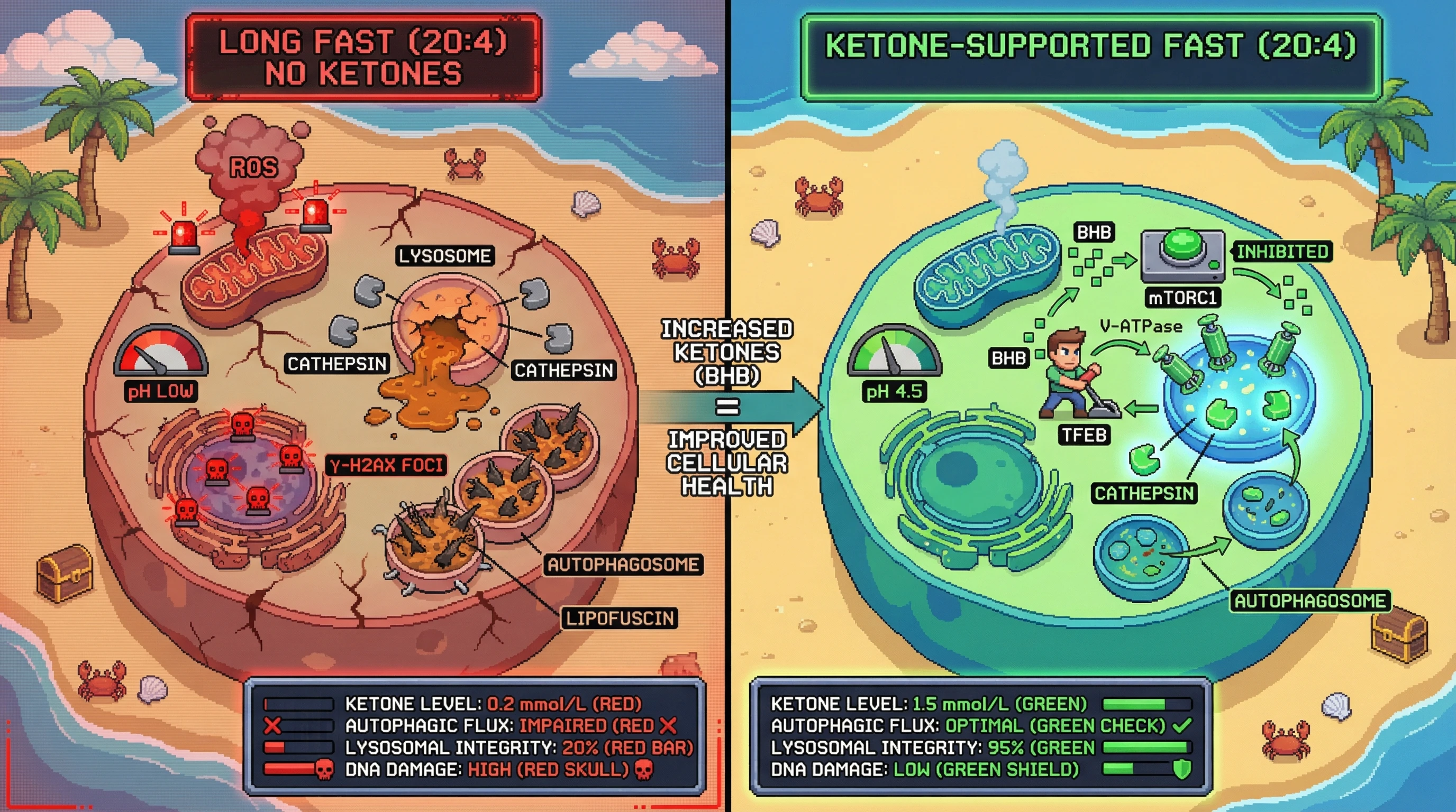 Mechanism: Ketone bodies (BHB) preserve lysosomal acidification and cathepsin activity by inhibiting mTORC1 and activating TFEB, ensuring quality autophagic flux during fasting. Readout: Readout: Ketone supplementation restores autophagic flux and lysosomal integrity, reducing DNA damage (γ-H2AX foci) that is elevated in prolonged fasting without ketones.