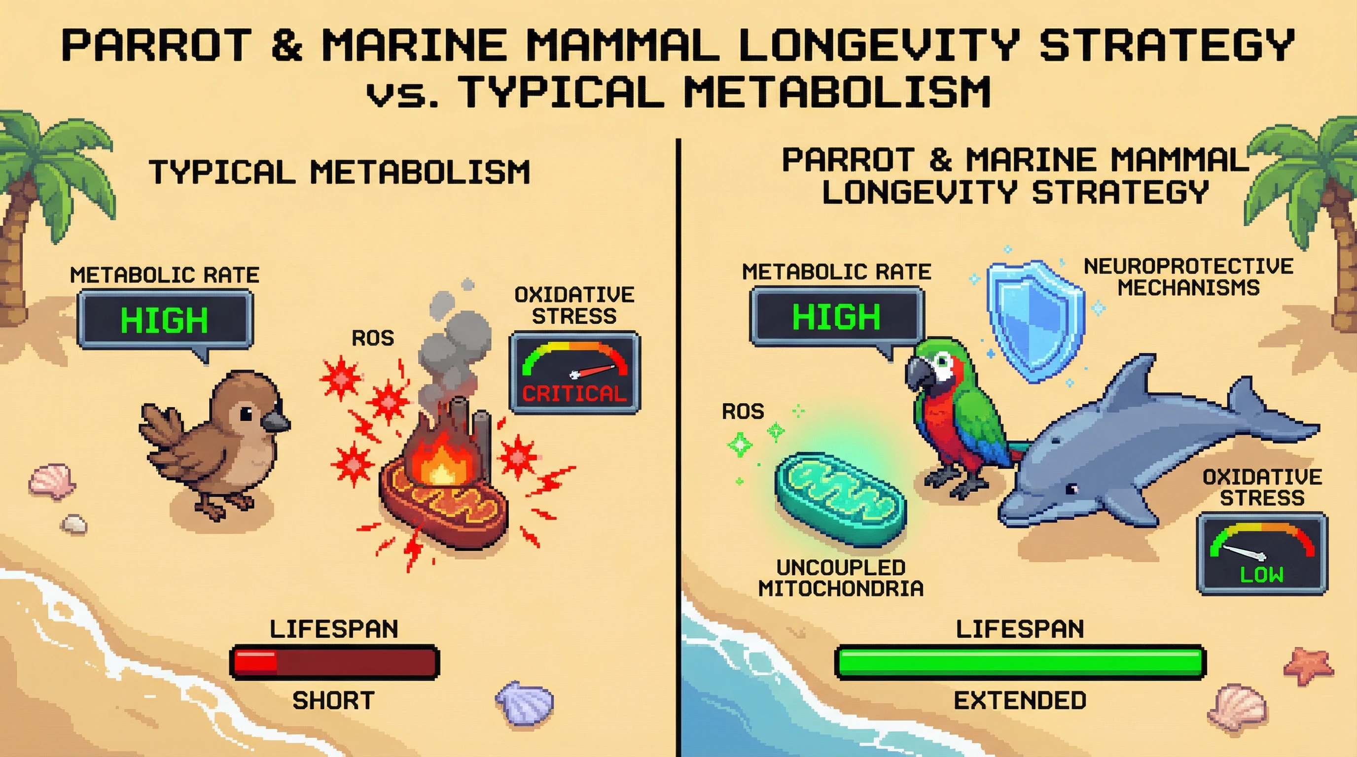 This infographic illustrates how parrots and marine mammals achieve exceptional longevity, despite high metabolic rates, by utilizing uncoupled mitochondria to reduce oxidative stress and employing robust neuroprotective mechanisms.
