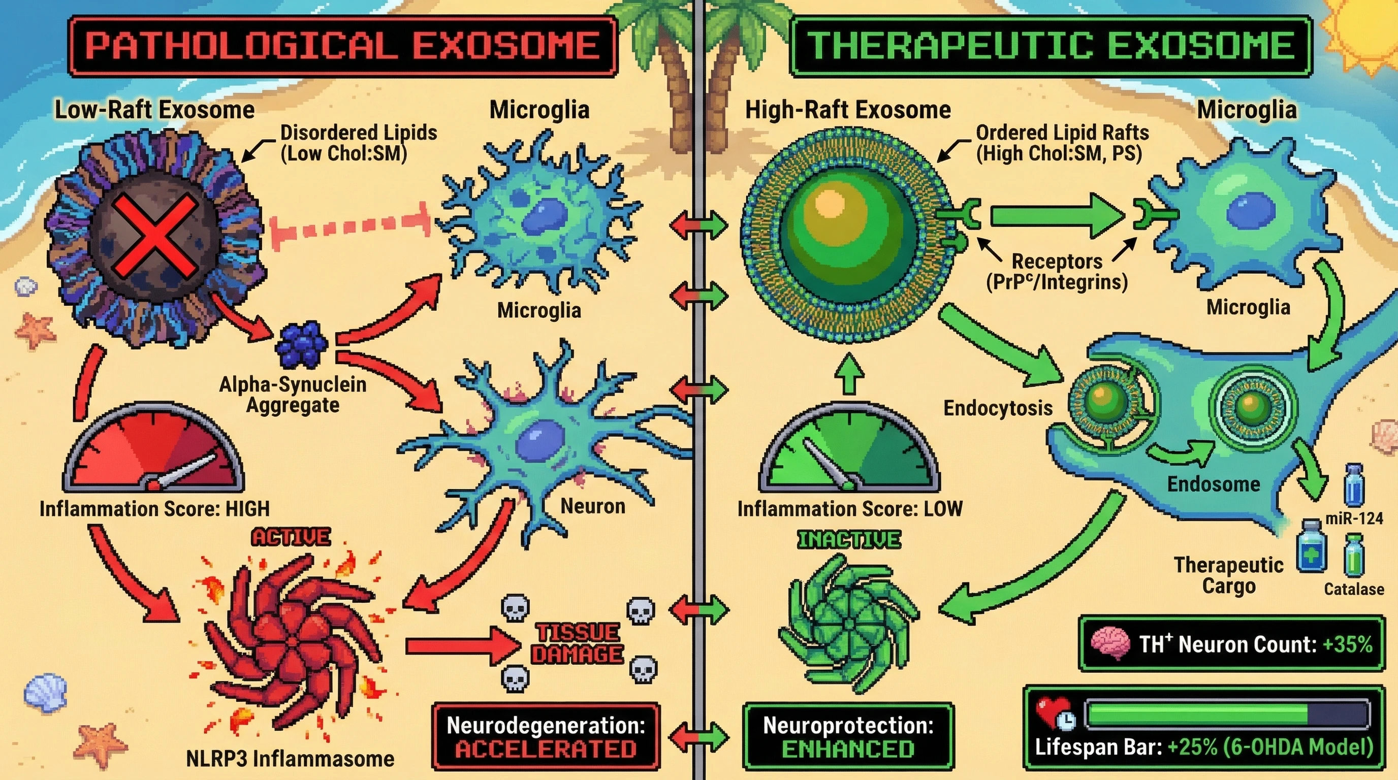 Mechanism: Exosome membrane lipid raft integrity (high cholesterol:sphingomyelin ratio) dictates targeted cell uptake and therapeutic cargo release. Readout: Readout: High-raft exosomes reduce NLRP3 inflammasome activity, increase TH⁺ neuron count by 35%, and boost lifespan by 25% in Parkinson's models.