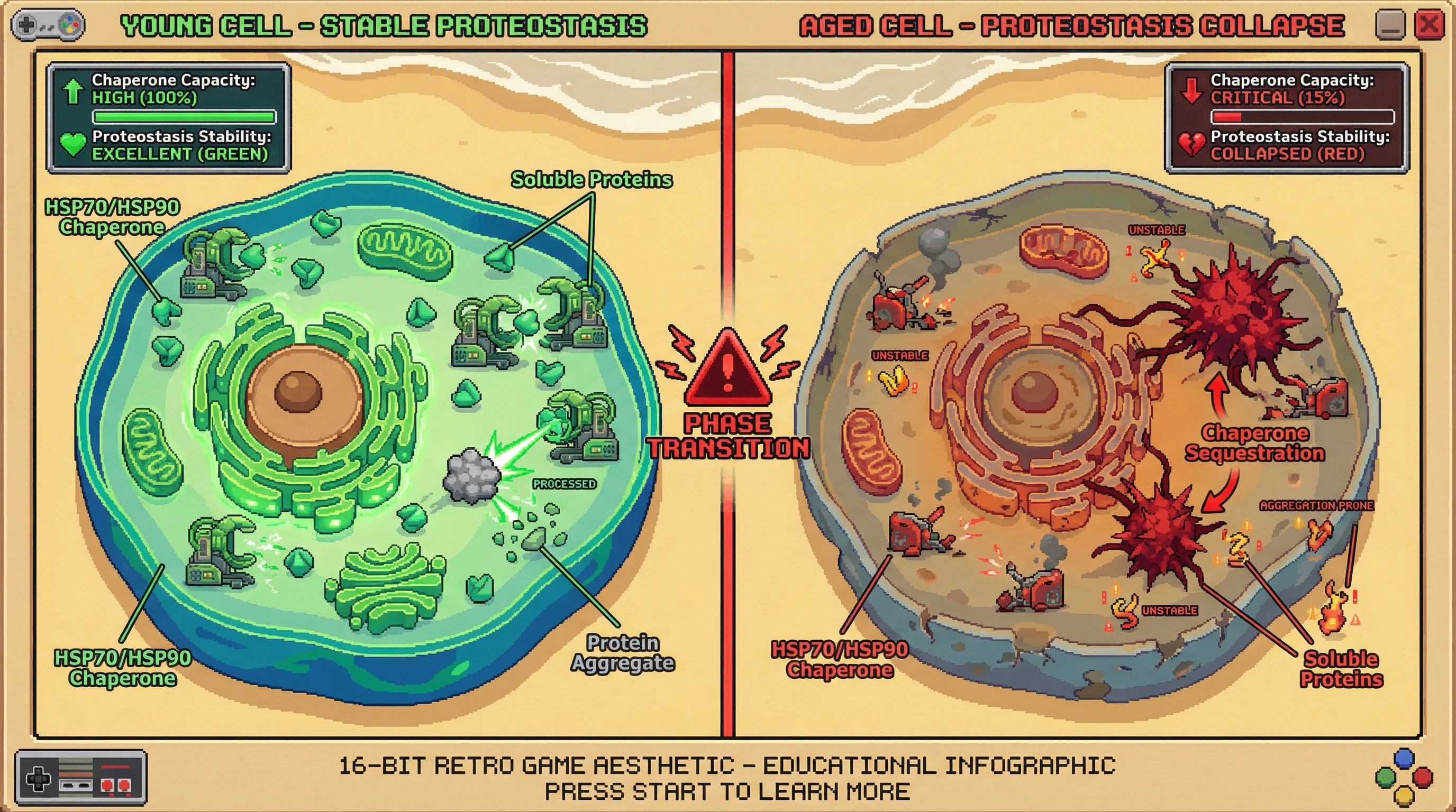 This infographic illustrates the hypothesis of proteostasis collapse in aging as a first-order phase transition, showing how declining chaperone capacity leads to exponential protein aggregation and further destabilization in aged cells.