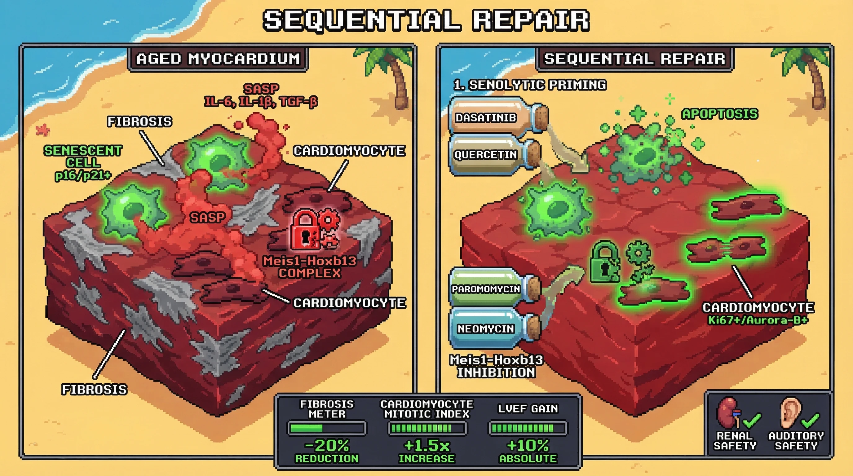Infographic for: Sequential senolytic priming to dissolve the aged myocardial SASP barrier, followed by aminoglycoside-mediated Meis1-...