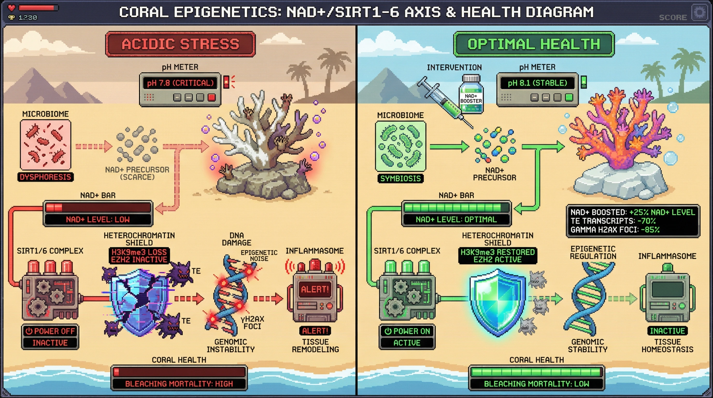 Infographic for: Epigenetic Noise as a Pacemaker of Transposable Element Activation in Coral Holobionts Under Ocean Acidification