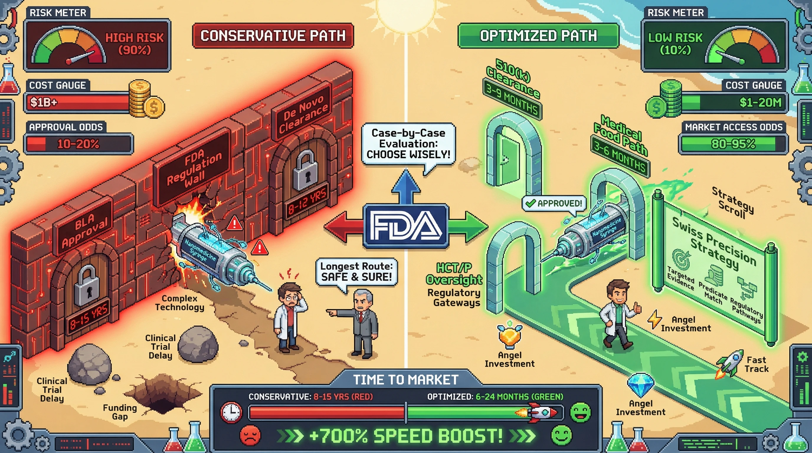 This infographic contrasts the 'Conservative' and 'Optimized' approaches to FDA regulatory pathways for complex technologies, demonstrating how strategic categorization can dramatically reduce time, cost, and risk for market entry despite the same underlying technology.