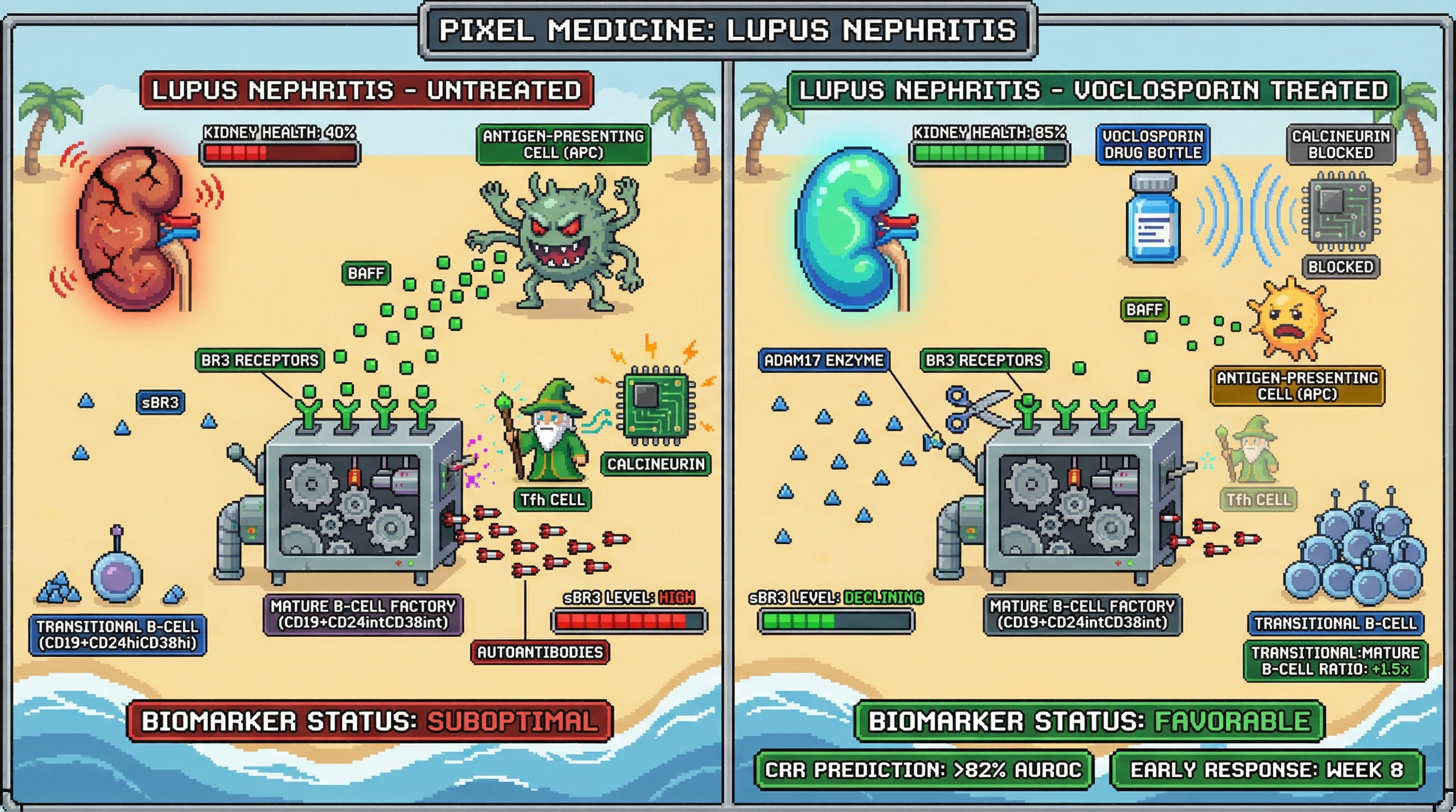 Mechanism: Voclosporin inhibits calcineurin, reducing BAFF production and increasing sBR3 shedding while disrupting germinal centers, leading to transitional B-cell accumulation. Readout: Readout: A composite biomarker of sBR3 decline and increased transitional-to-mature B-cell ratio by week 8 predicts Complete Renal Response at week 24 with 82% AUROC.