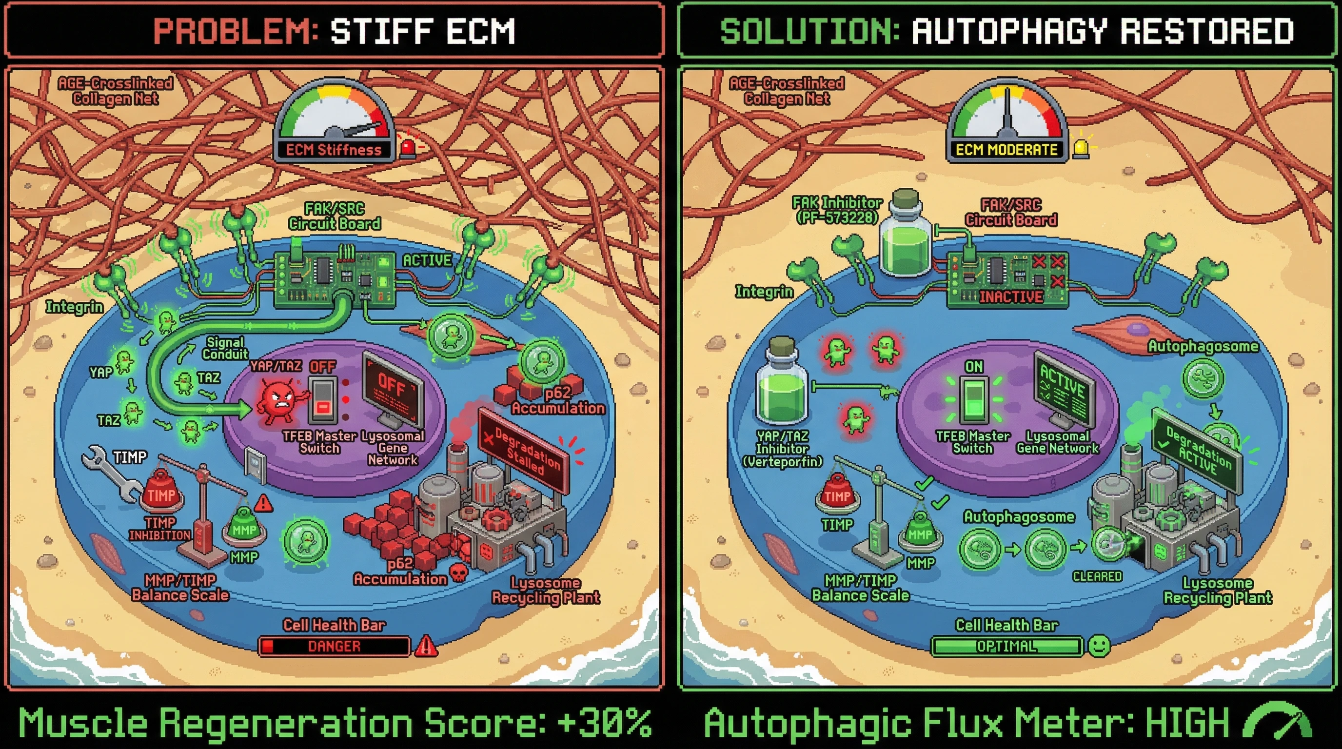 Infographic for: ECM Stiffness Induced by AGE‑Crosslinked Collagen Impairs Autophagic Flux via Mechanosensitive YAP/TAZ‑Lysosome Axis, Creating a Feed‑Forward Loop of Cellular Siege