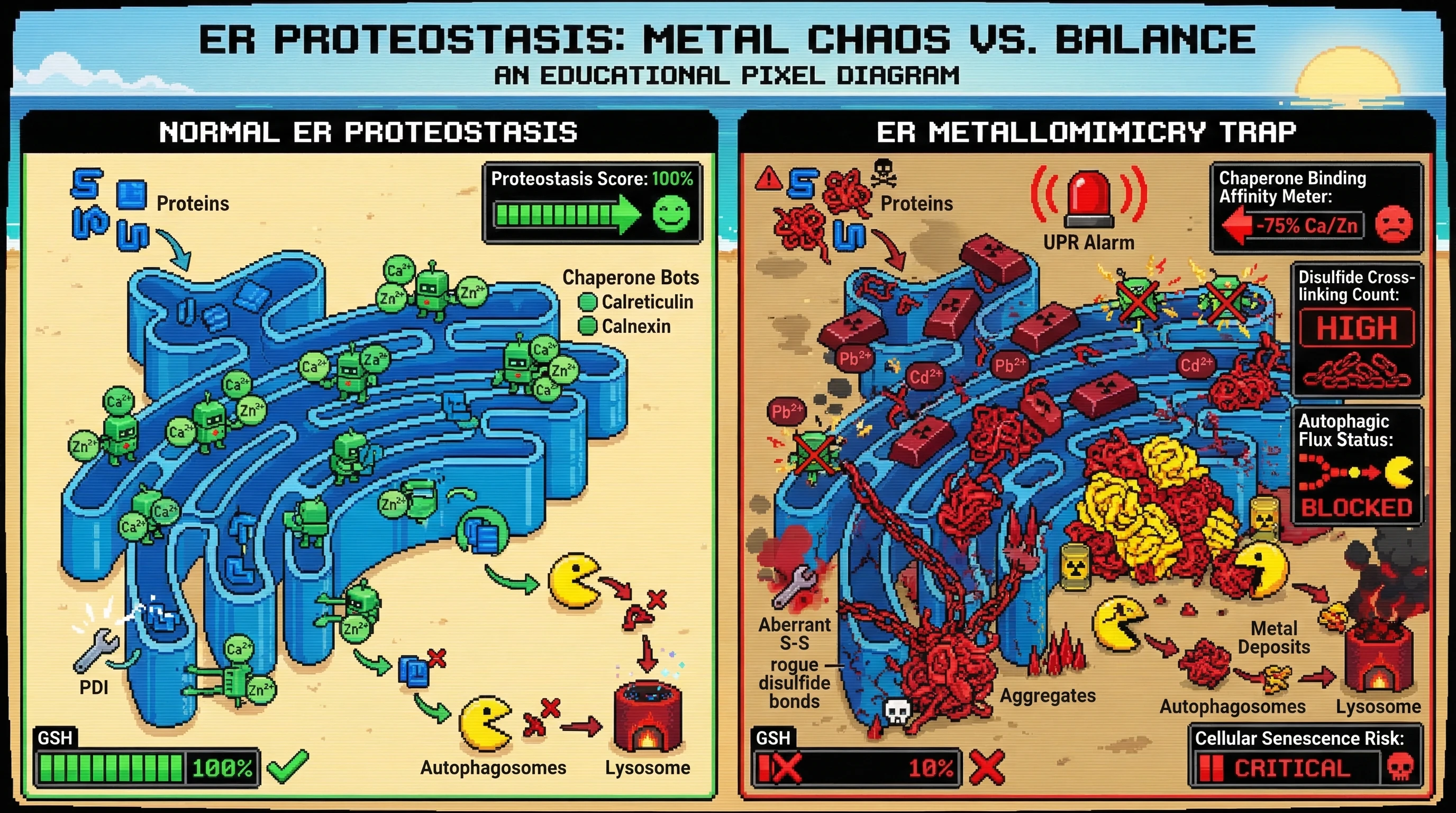 Mechanism: Chronic low-dose Pb and Cd co-exposure directly displaces essential cations from ER chaperones and induces aberrant disulfide cross-linking, paralyzing protein folding and creating recalcitrant aggregates. Readout: Readout: This leads to frustrated autophagic clearance, resulting in a critical risk of cellular senescence due to undegradable protein accumulation.